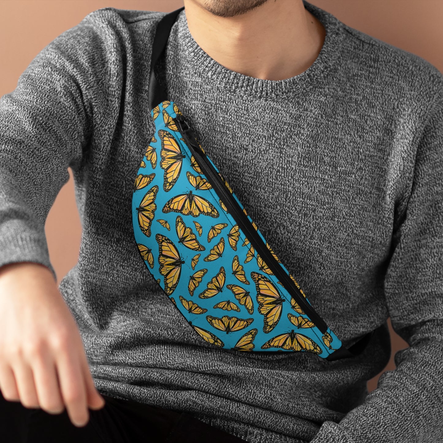 Fanny Pack, Turquoise Background, Monarch, Butterfly, Kamama