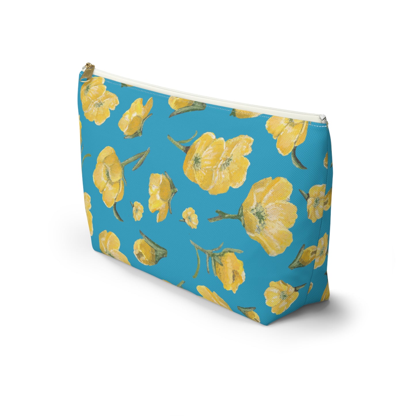 Accessory Pouch w T-bottom, Buttercups, Turquoise Colored Background, Oklahoma Wildflower, Yellow Floral