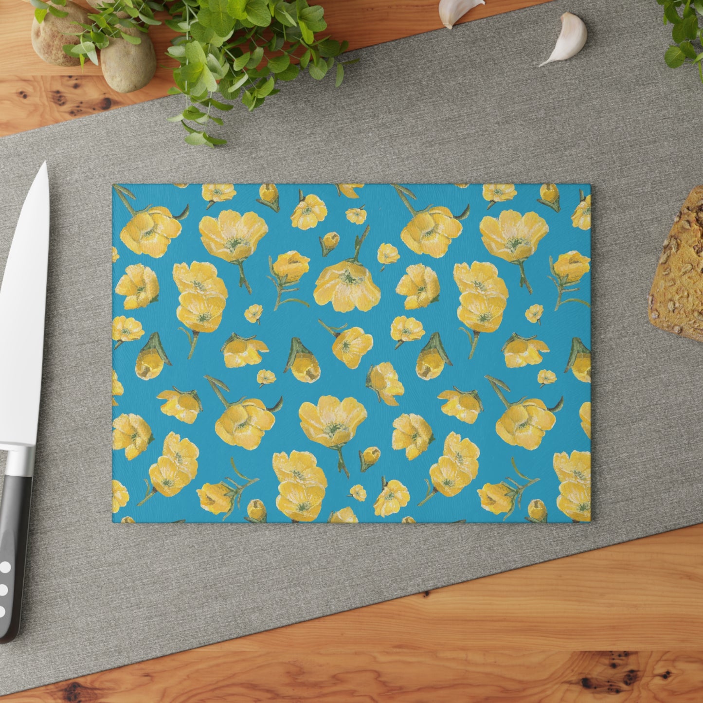 Glass Cutting Board, Kitchen Accessory, Buttercups, Turquoise Colored Background, Oklahoma Wildflower, Yellow Floral