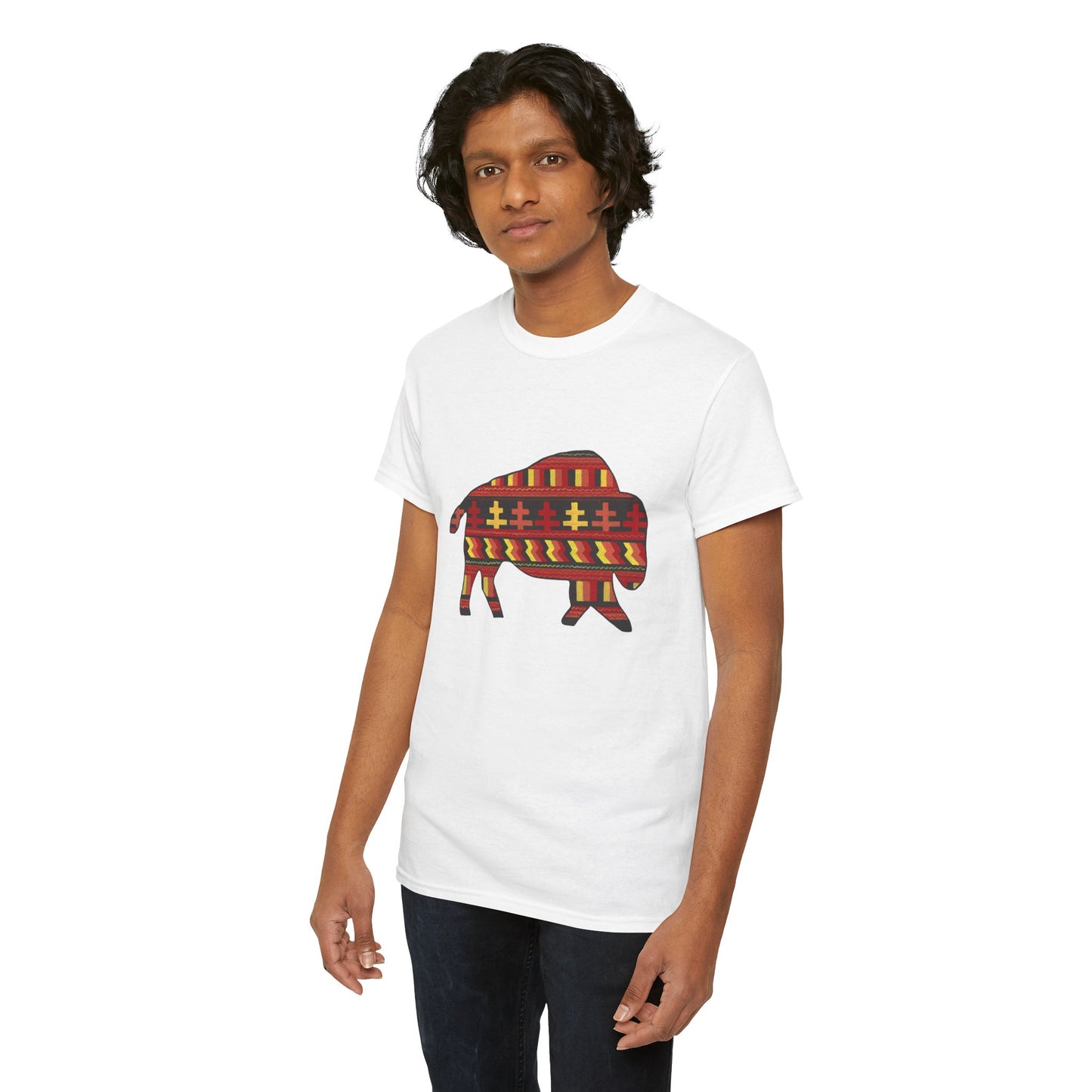 Unisex Heavy Cotton Tee, Seminole Patchwork Patterned Bison, Tribal Motif, Native Design, Indigenous Buffalo