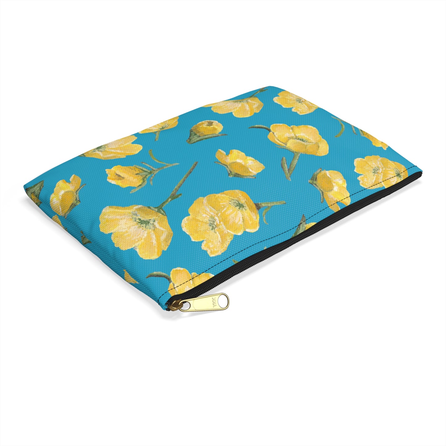 Accessory Pouch, Buttercups, Turquoise Colored Background, Oklahoma Wildflower, Yellow Floral