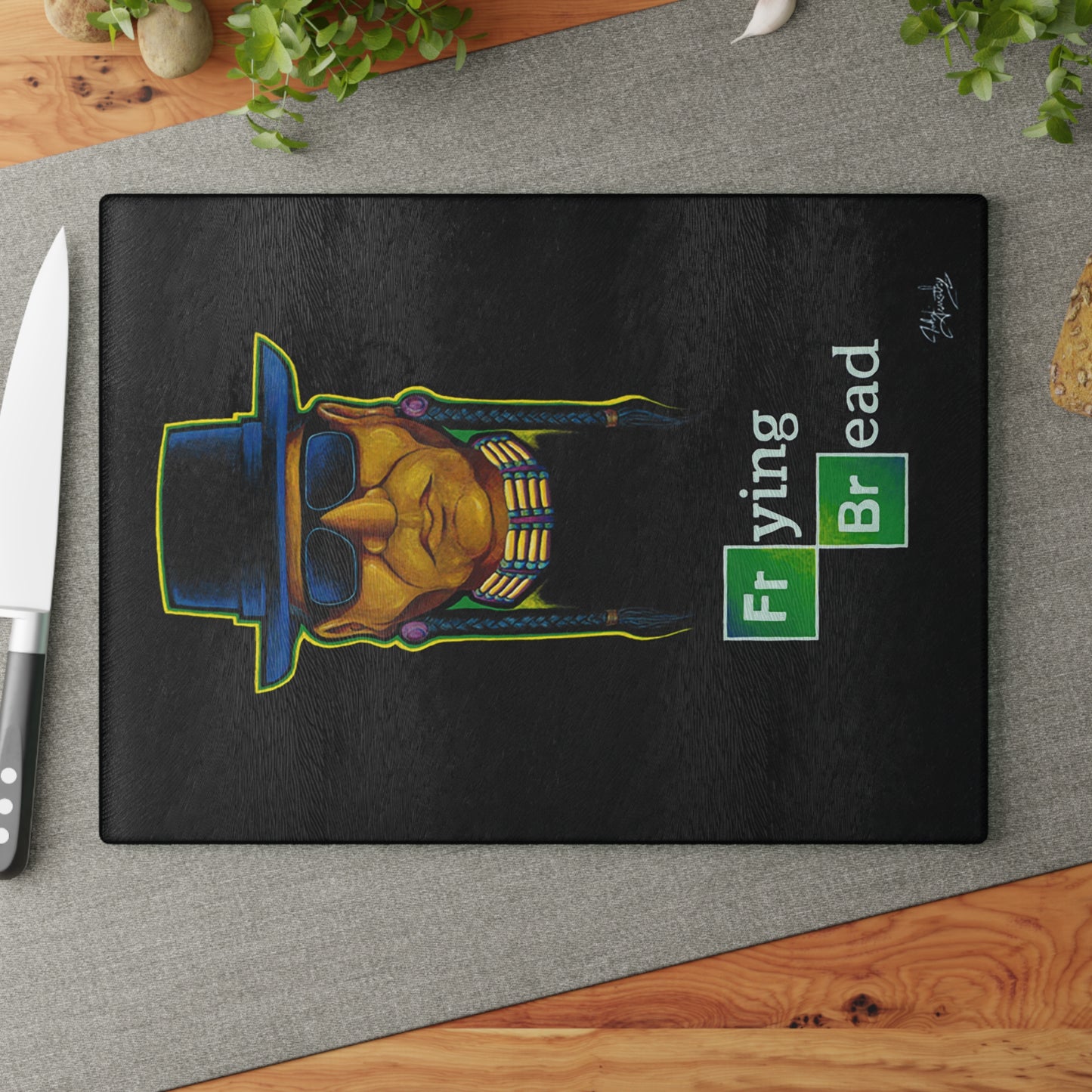 Glass Cutting Board, Kitchen Accessory, Walter Red, Frying Bread, Native American, Native Pop Art, Native Humor