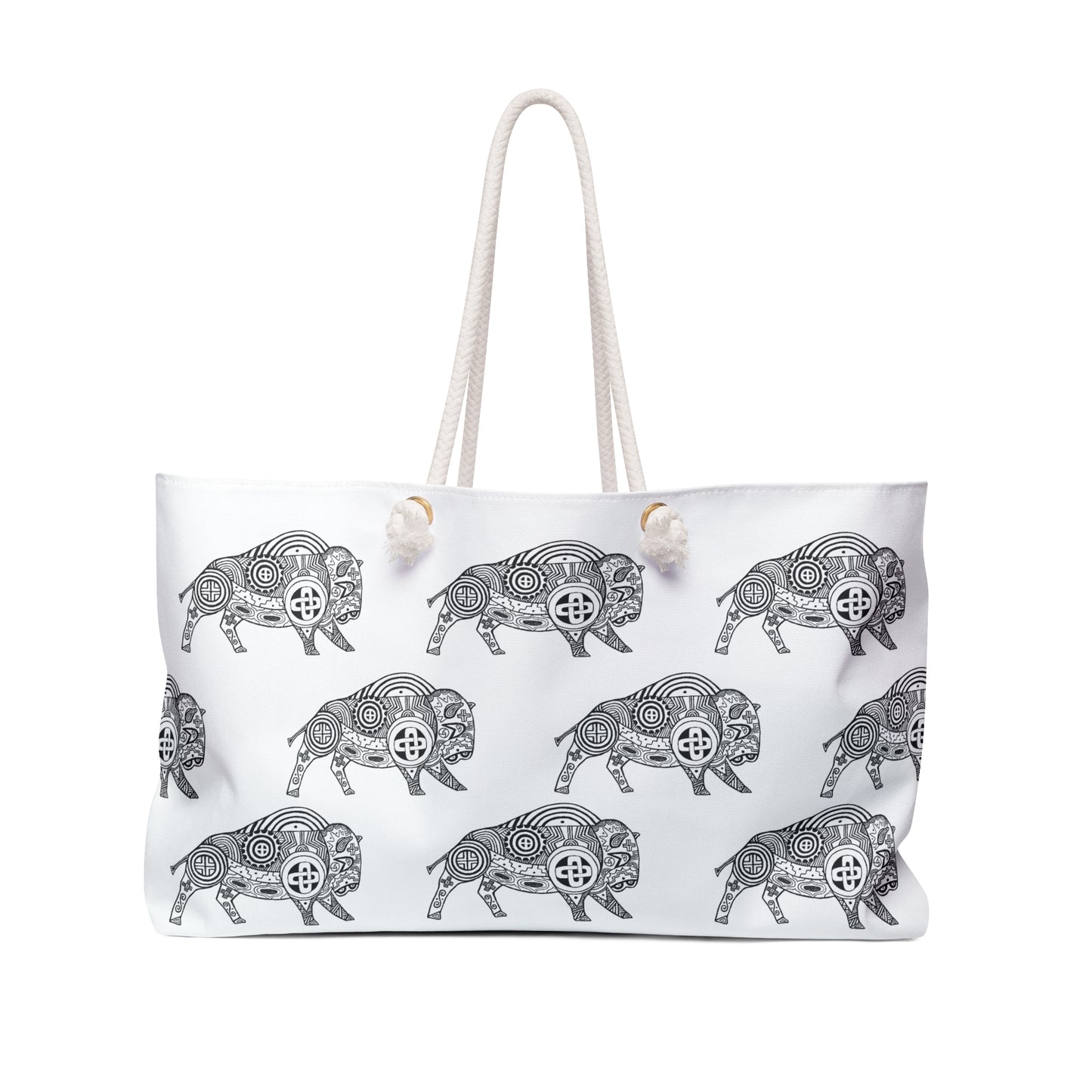 Weekender Bag, Black and White, Southeastern Tribal Motif, Bison, Buffalo, Native American, Powwow Tote