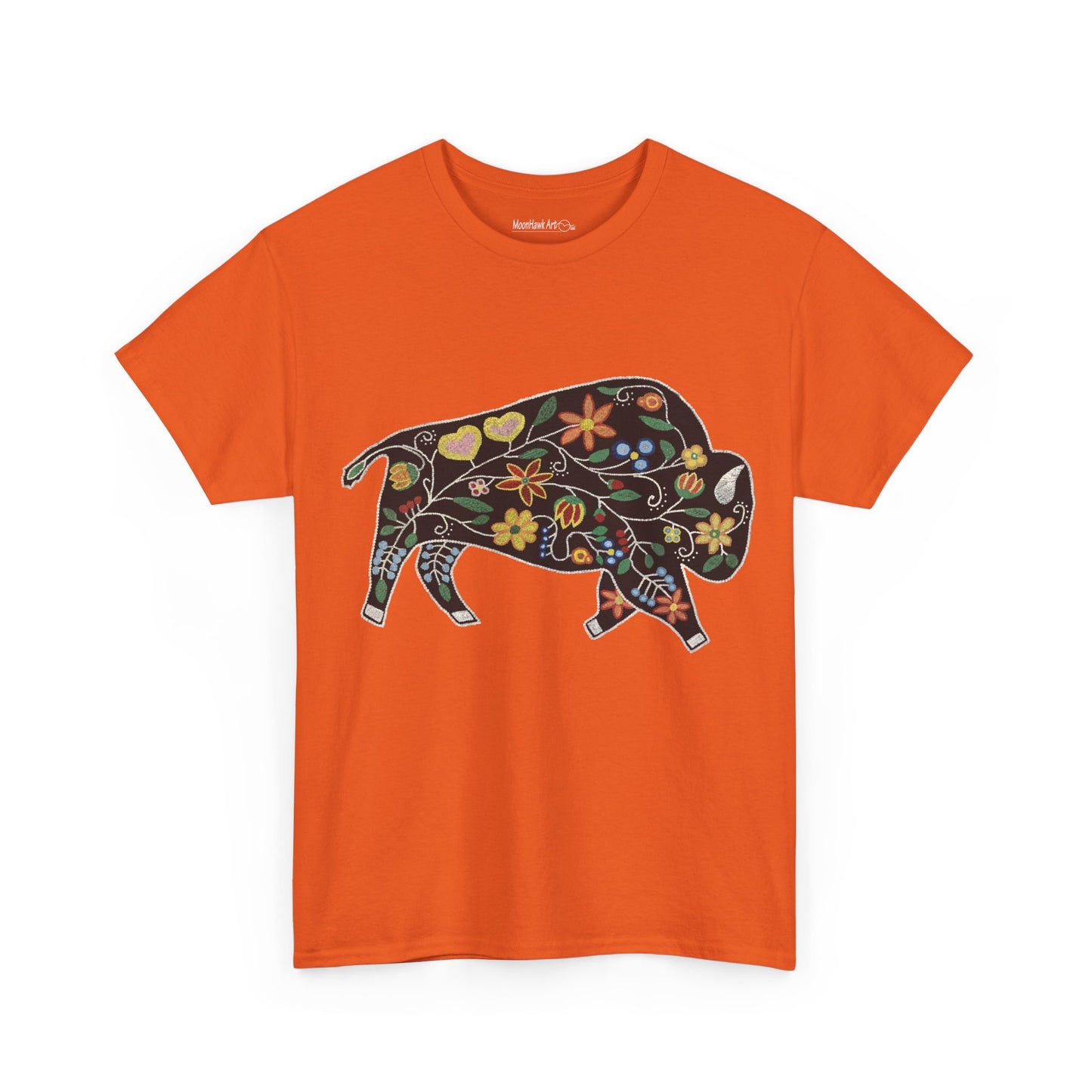 Unisex Heavy Cotton Tee, Native Beaded Floral Bison Design