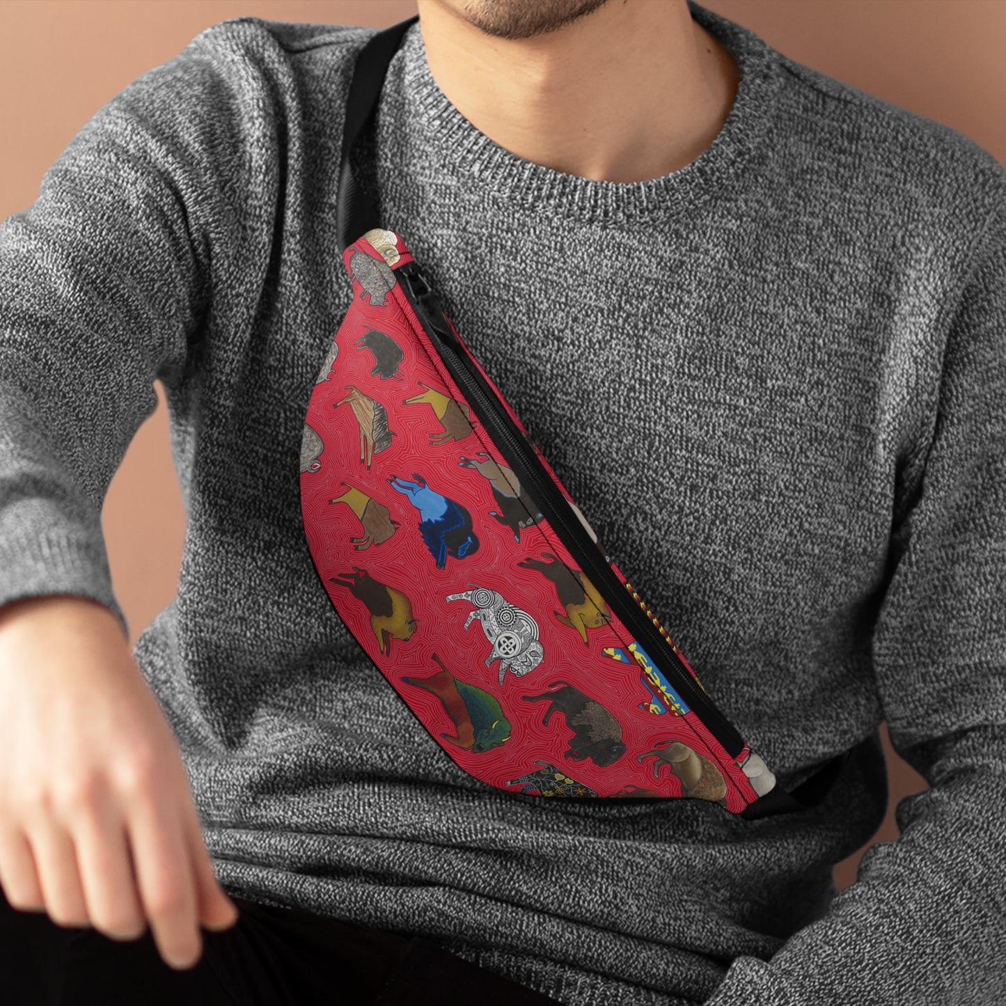 Fanny Pack, Red, Bison Transition, Buffalo, Native American, Indigenous Design
