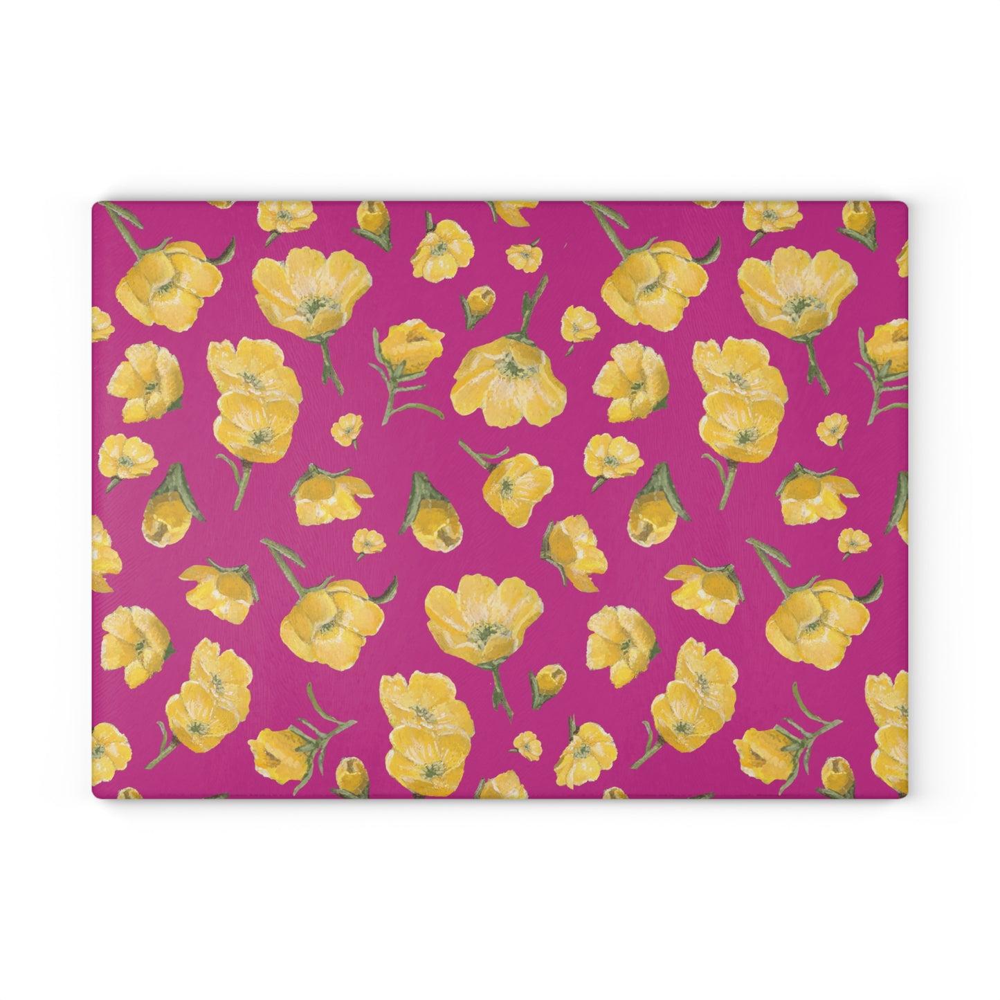 Glass Cutting Board, Kitchen Accessory, Buttercups, Hot Pink Background, Oklahoma Wildflower, Yellow Floral