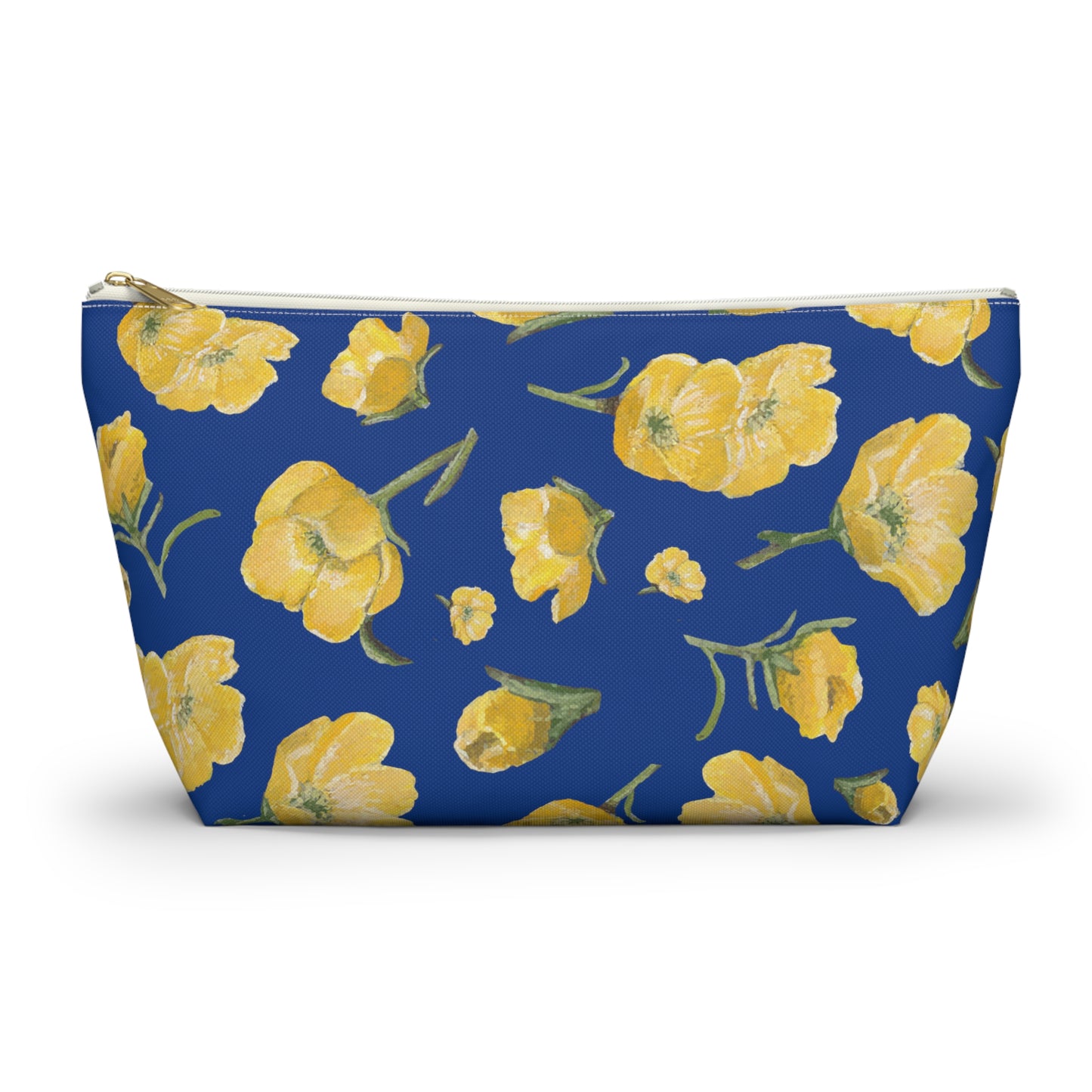 Accessory Pouch w T-bottom, Buttercups, Dark Blue Background, Oklahoma Wildflower, Yellow Floral