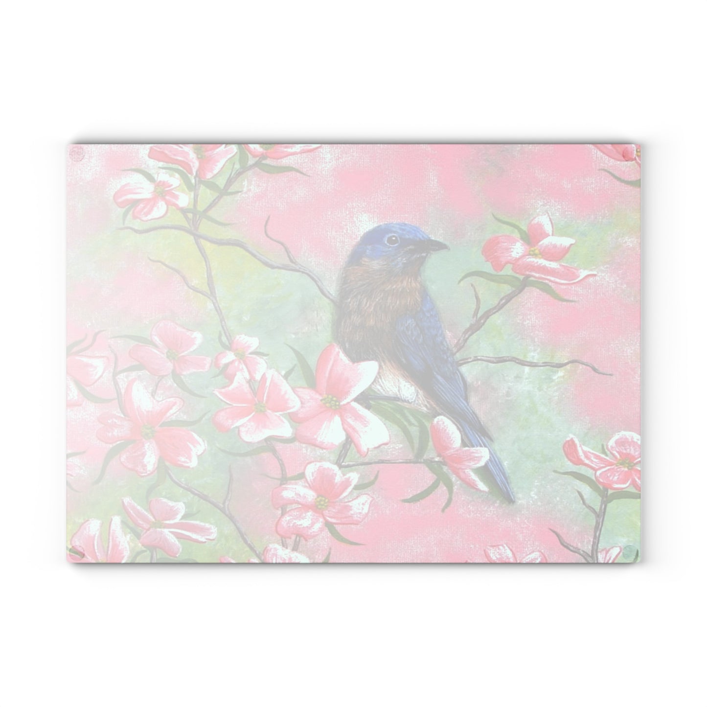 Glass Cutting Board, Kitchen Accessory, Eastern Bluebird on Pink Dogwood