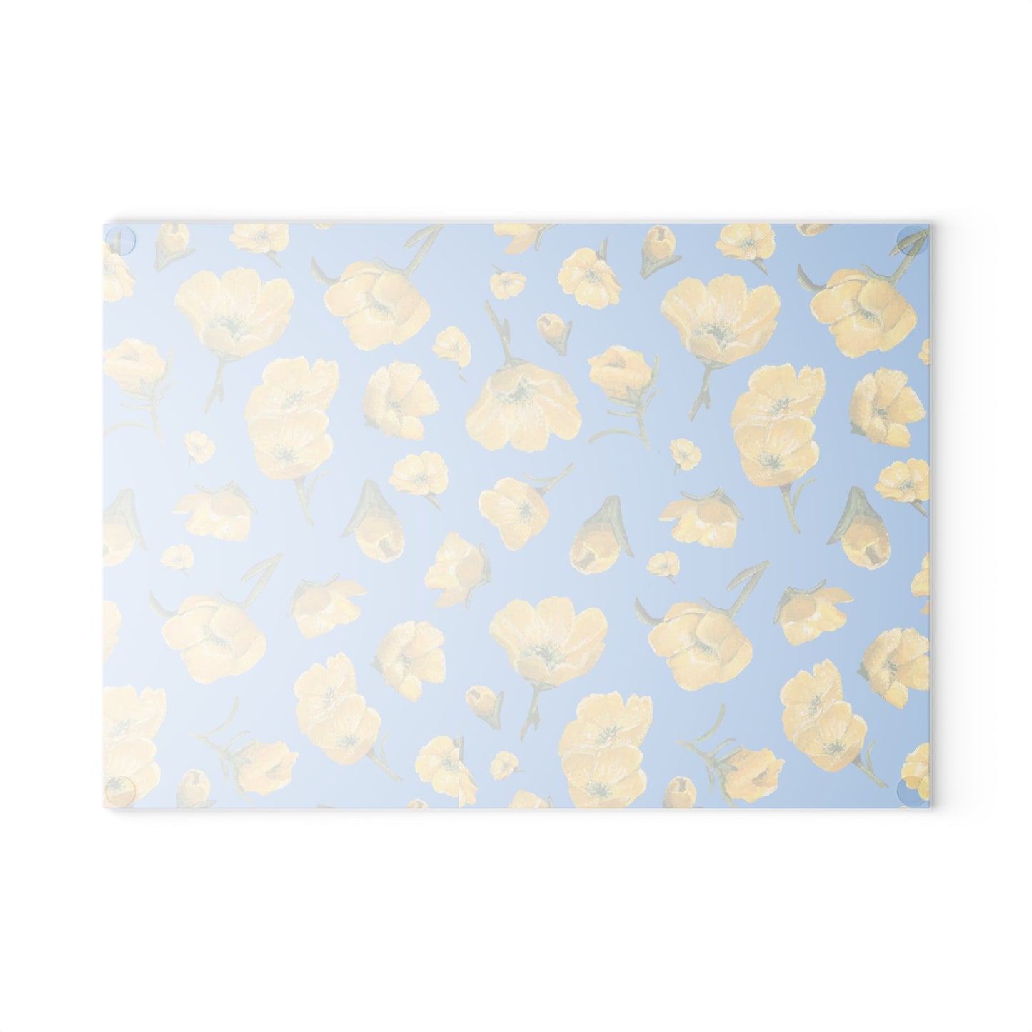 Glass Cutting Board, Kitchen Accessory, Buttercups, Light Blue Background, Oklahoma Wildflower, Yellow Floral