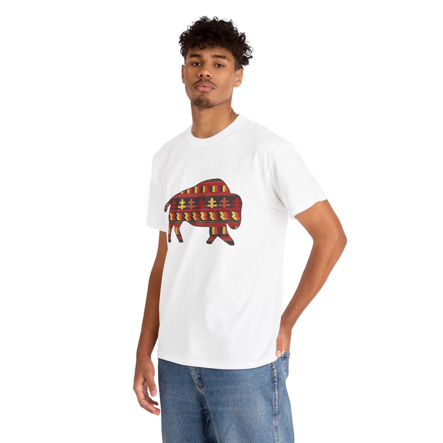 Unisex Heavy Cotton Tee, Seminole Patchwork Patterned Bison, Tribal Motif, Native Design, Indigenous Buffalo
