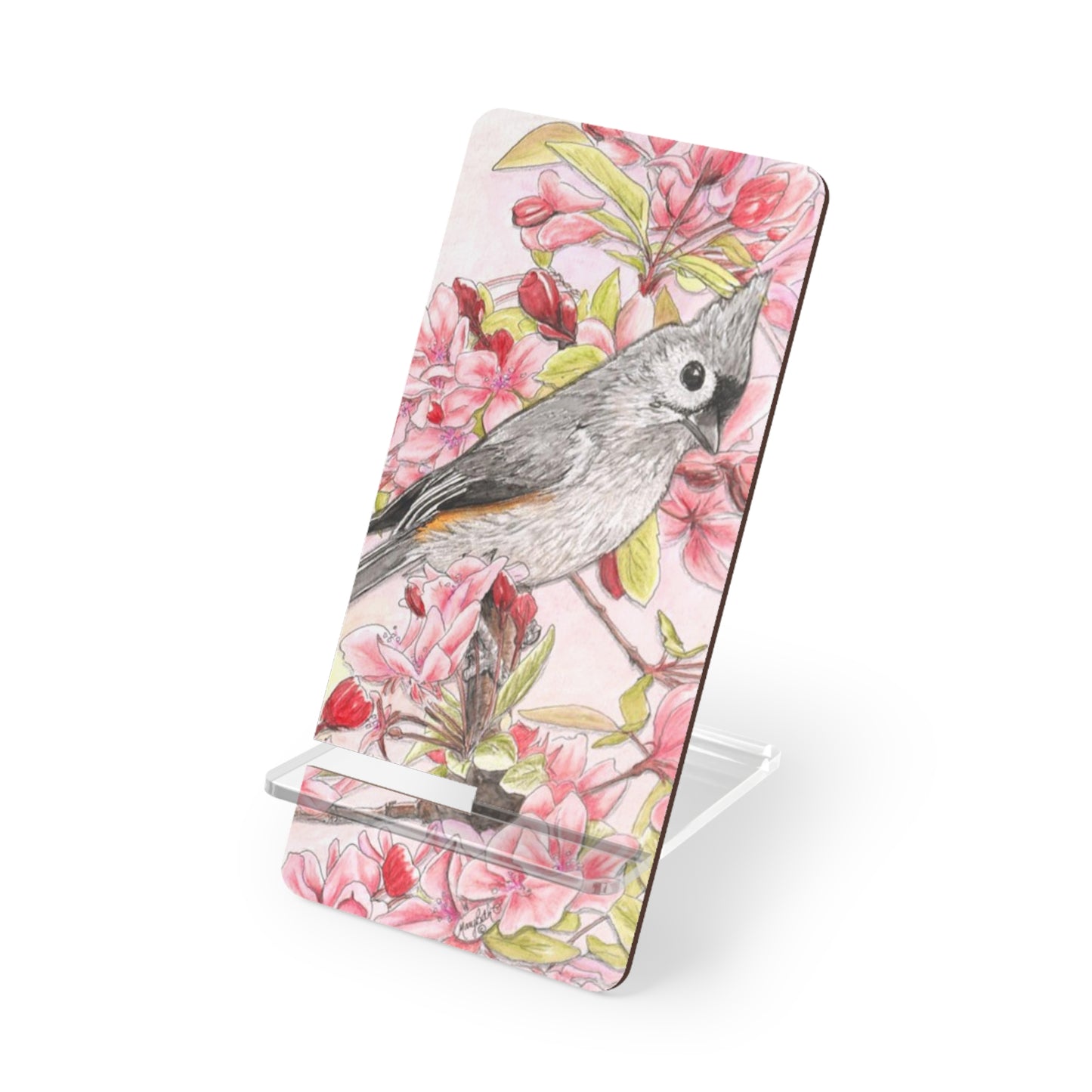 Mobile Display Stand for Smartphones, Tufted Titmouse, Wild Bird Art, Bird with Pink Floral, Cell Phone Stand