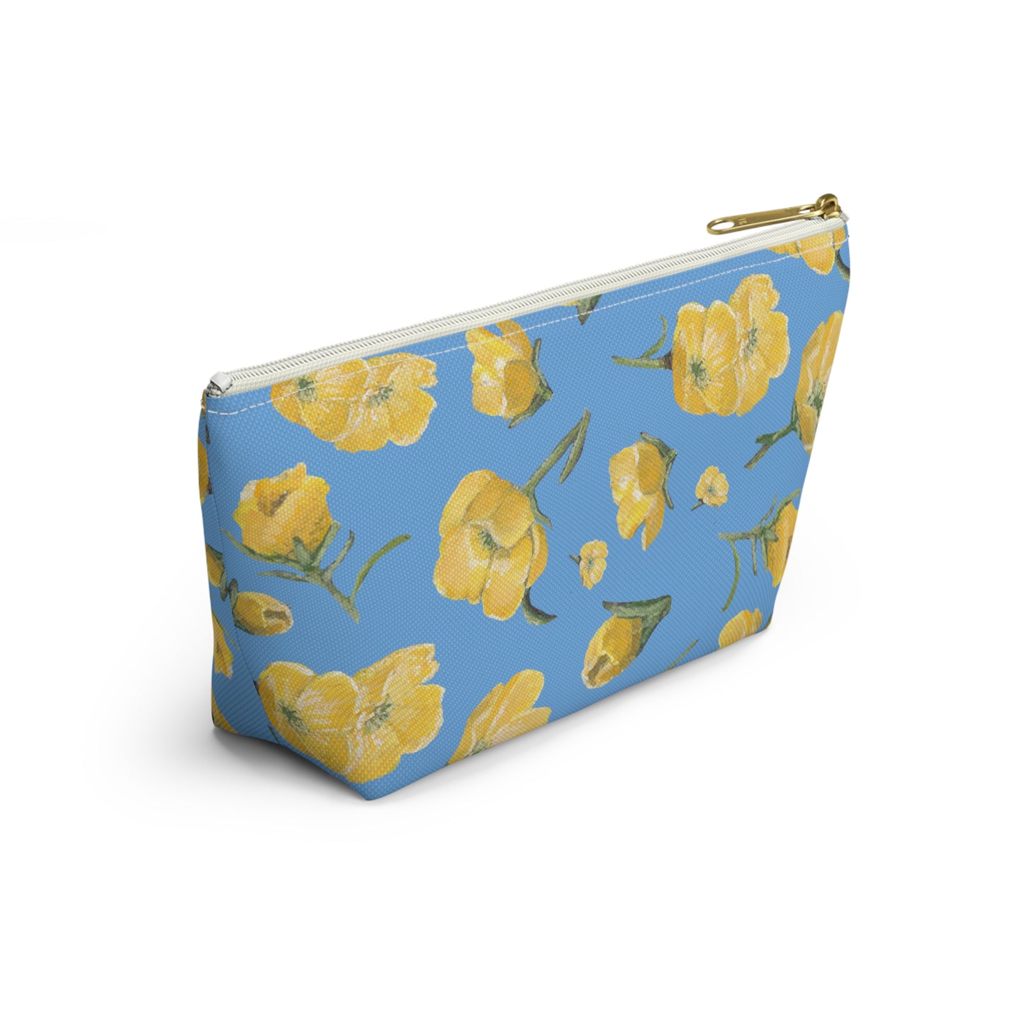Accessory Pouch w T-bottom, Buttercups, Light Blue Background, Oklahoma Wildflower, Yellow Floral