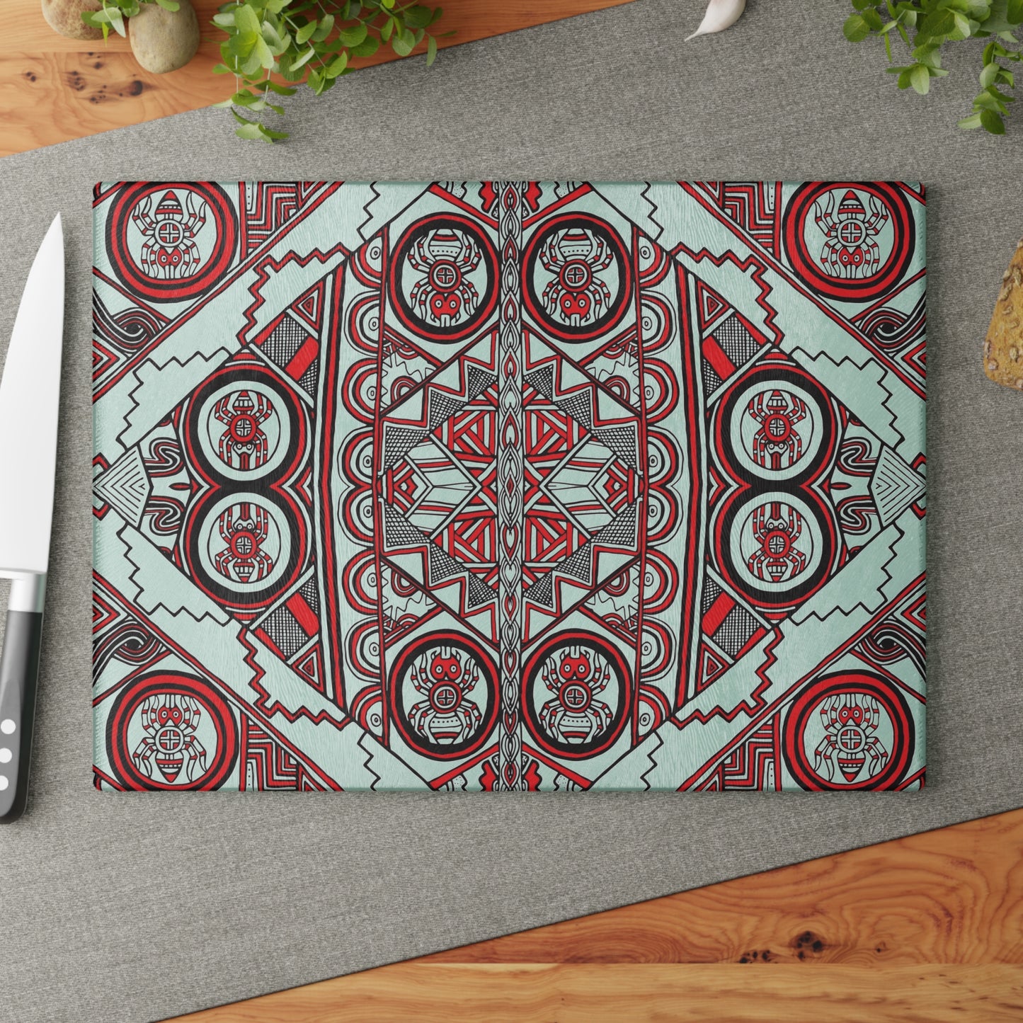 Glass Cutting Board, Kitchen Accessory, SouthEast Spider Motif, Grandmother Spider, Native Design, Ancient Tribal Mound Symbols
