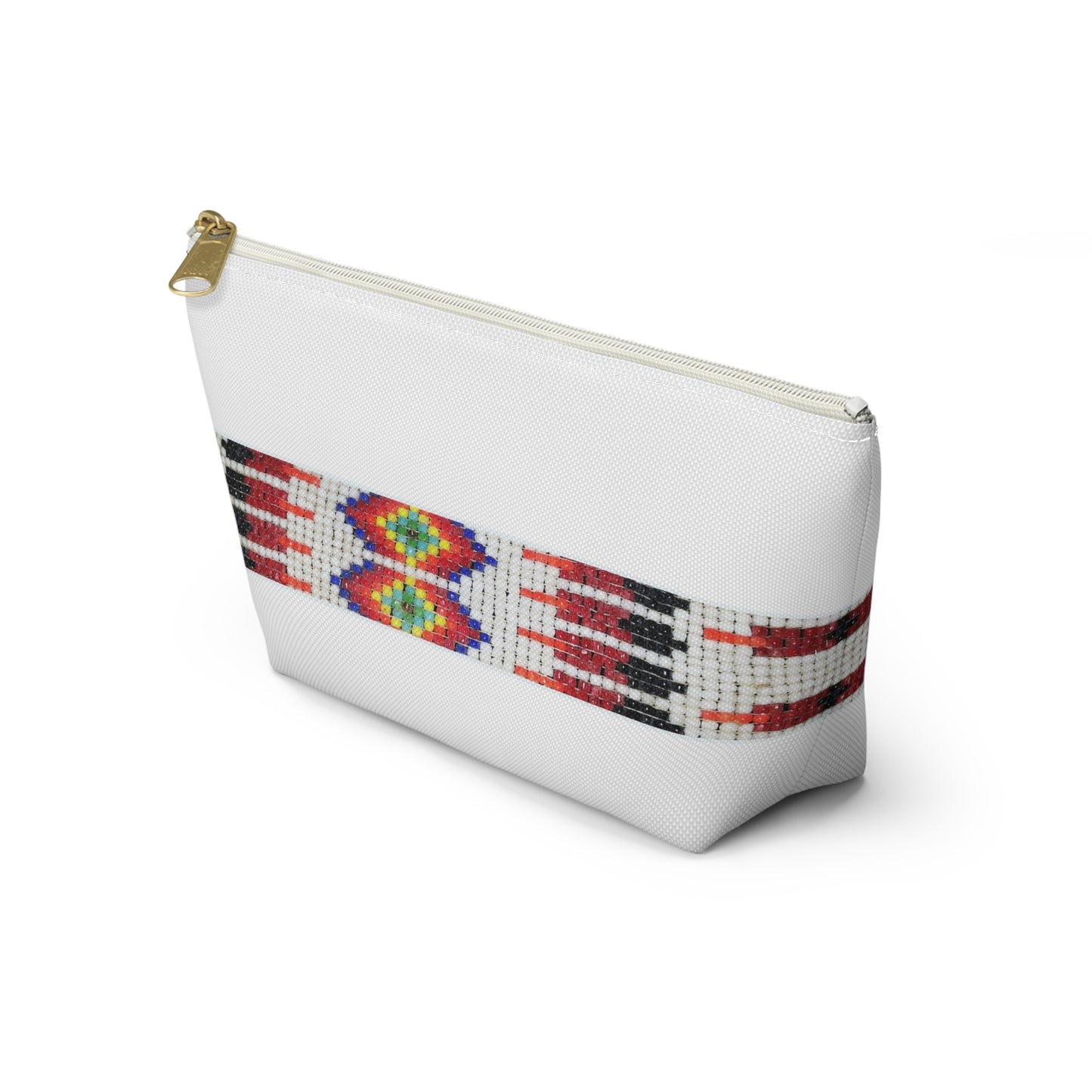 Accessory Pouch w T-bottom, PRINTED Native American bead design, cosmetic bag, pencil pouch, make-up zipper bag