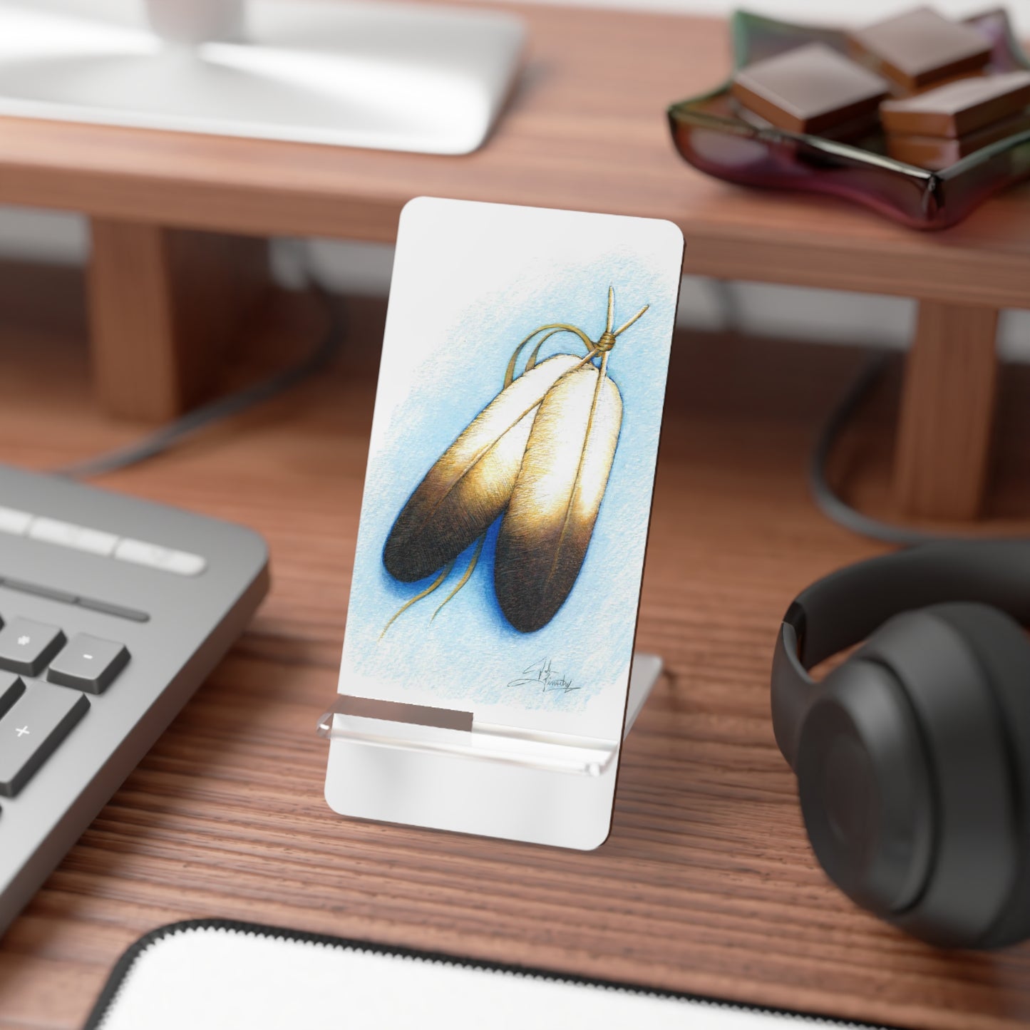 Mobile Display Stand for Smartphones, Double Feather, "And Two Become One", Native Design, Native Feathers