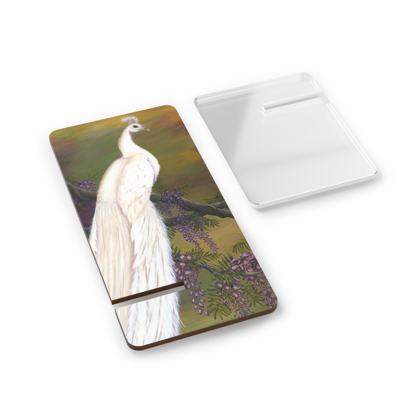 Mobile Display Stand for Smartphones, White Peacock on Purple Wisteria,