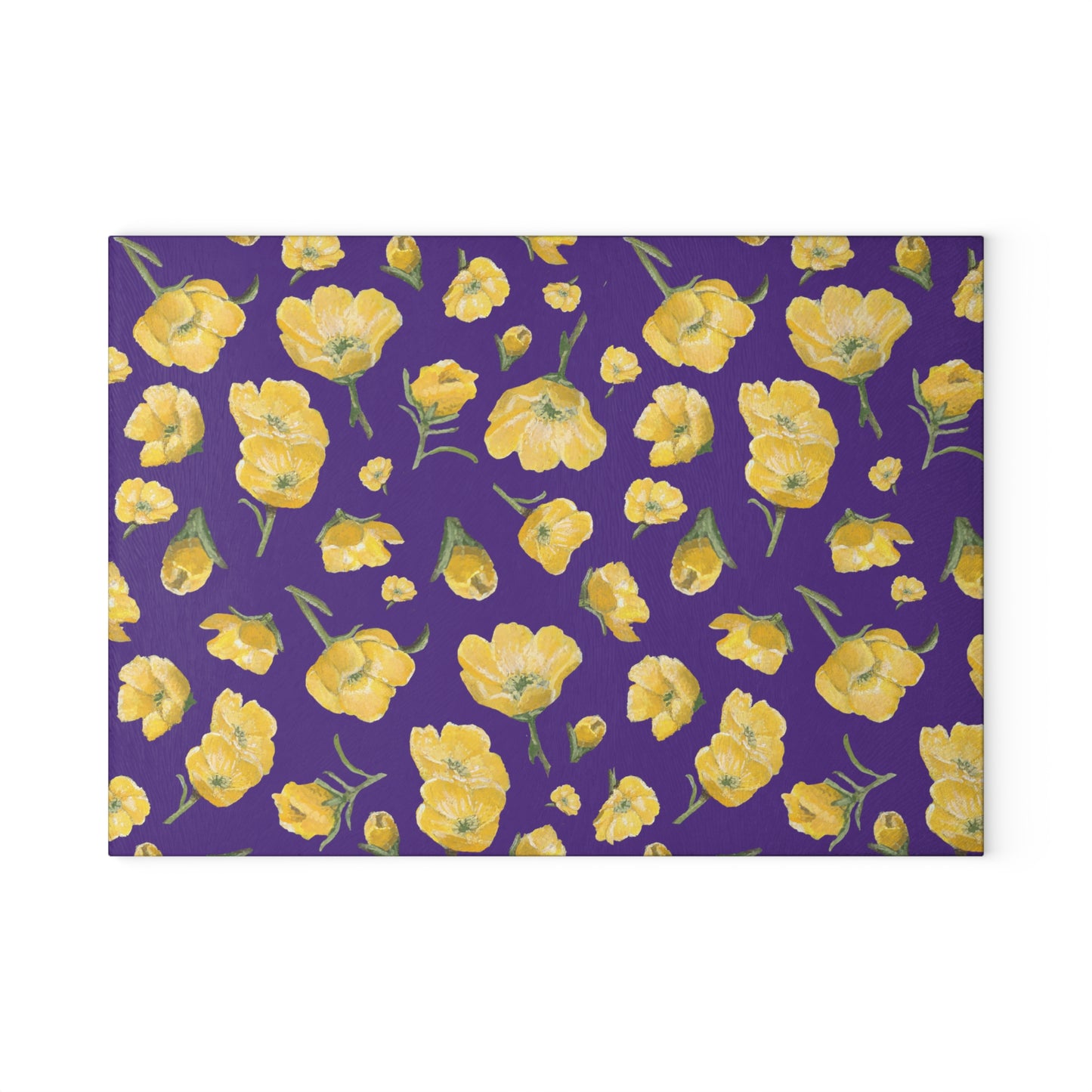 Glass Cutting Board, Kitchen Accessory, Buttercups, Purple Background, Oklahoma Wildflower, Yellow Floral