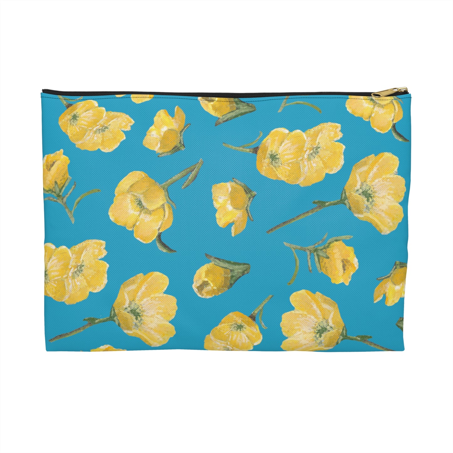 Accessory Pouch, Buttercups, Turquoise Colored Background, Oklahoma Wildflower, Yellow Floral