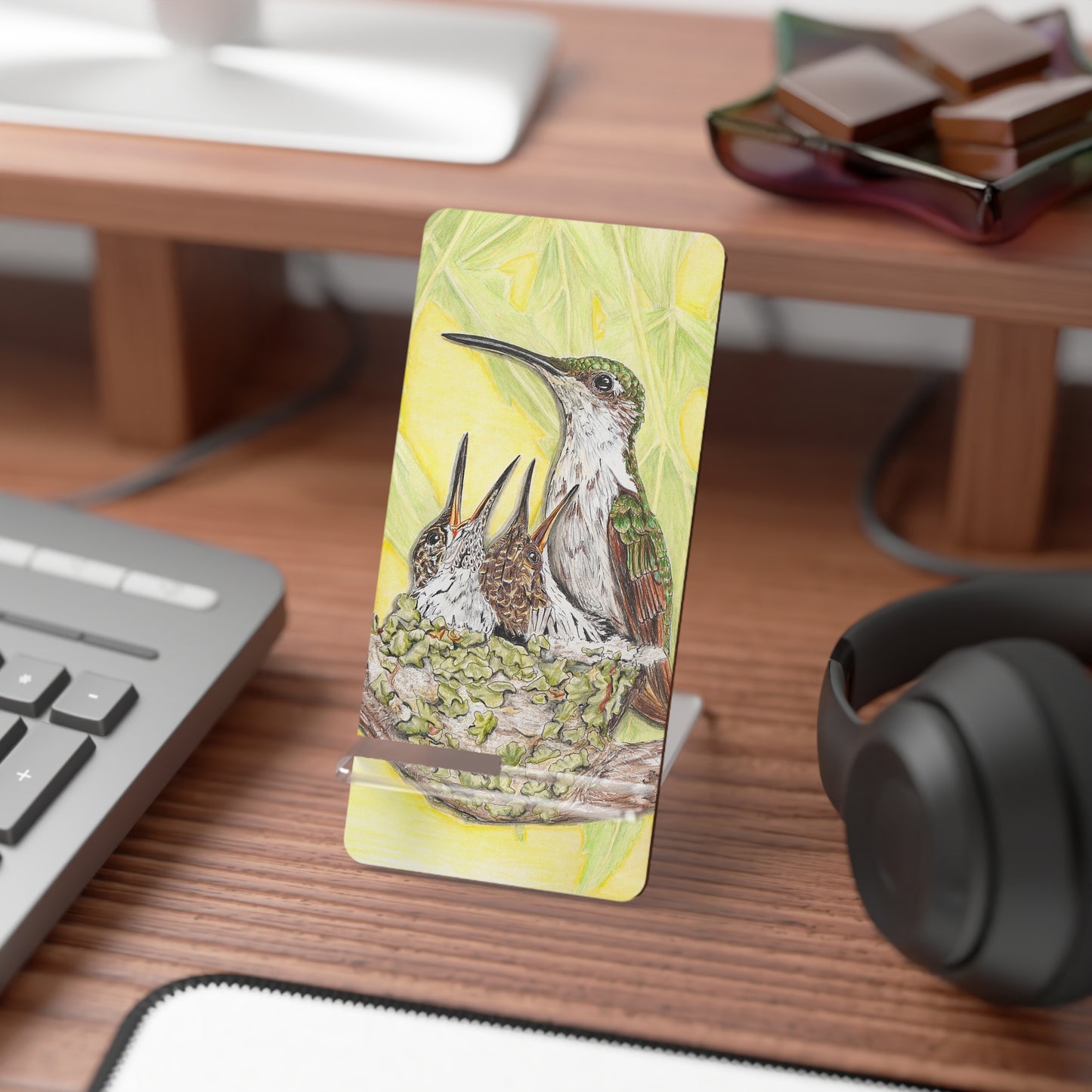 Mobile Display Stand for Smartphones, Mother Hummingbird with Babies & Nest, Hummingbird Art, Wildbird, Oklahoma Wild Bird, Cell Phone Stand