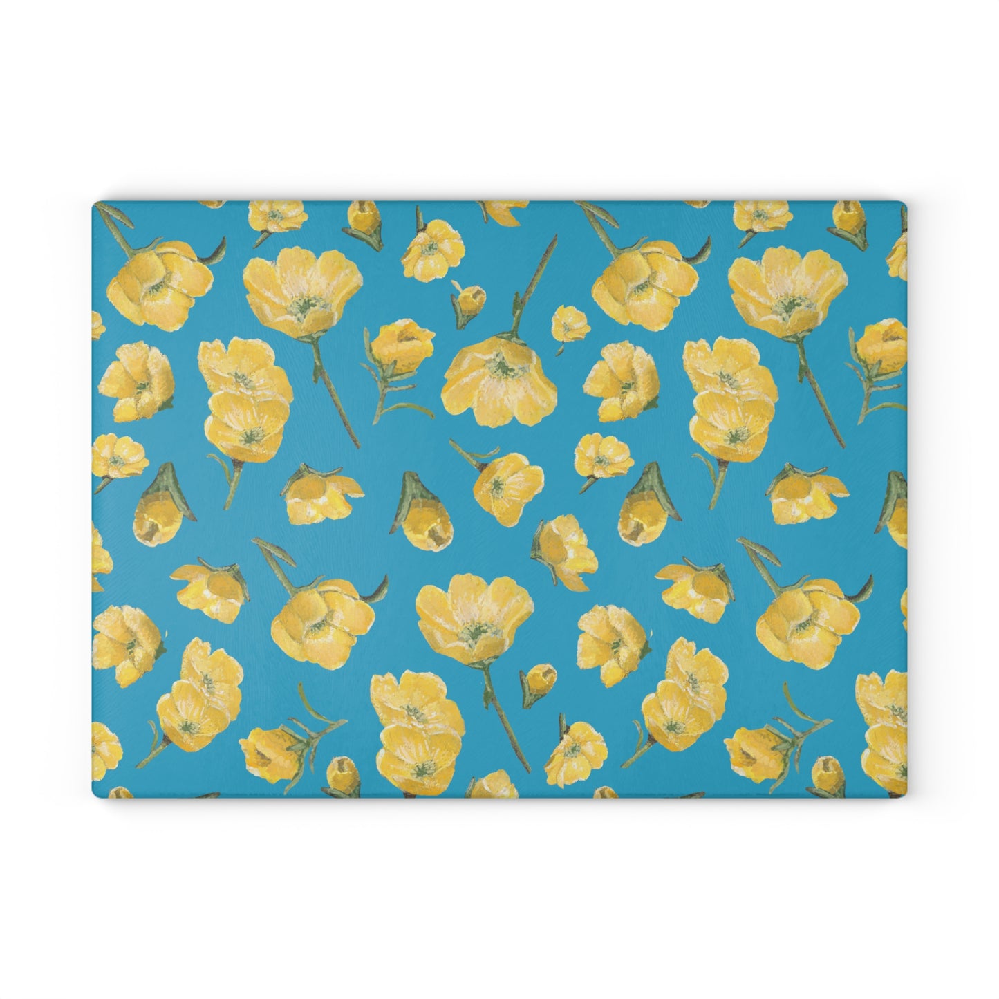 Glass Cutting Board, Kitchen Accessory, Buttercups, Turquoise Colored Background, Oklahoma Wildflower, Yellow Floral