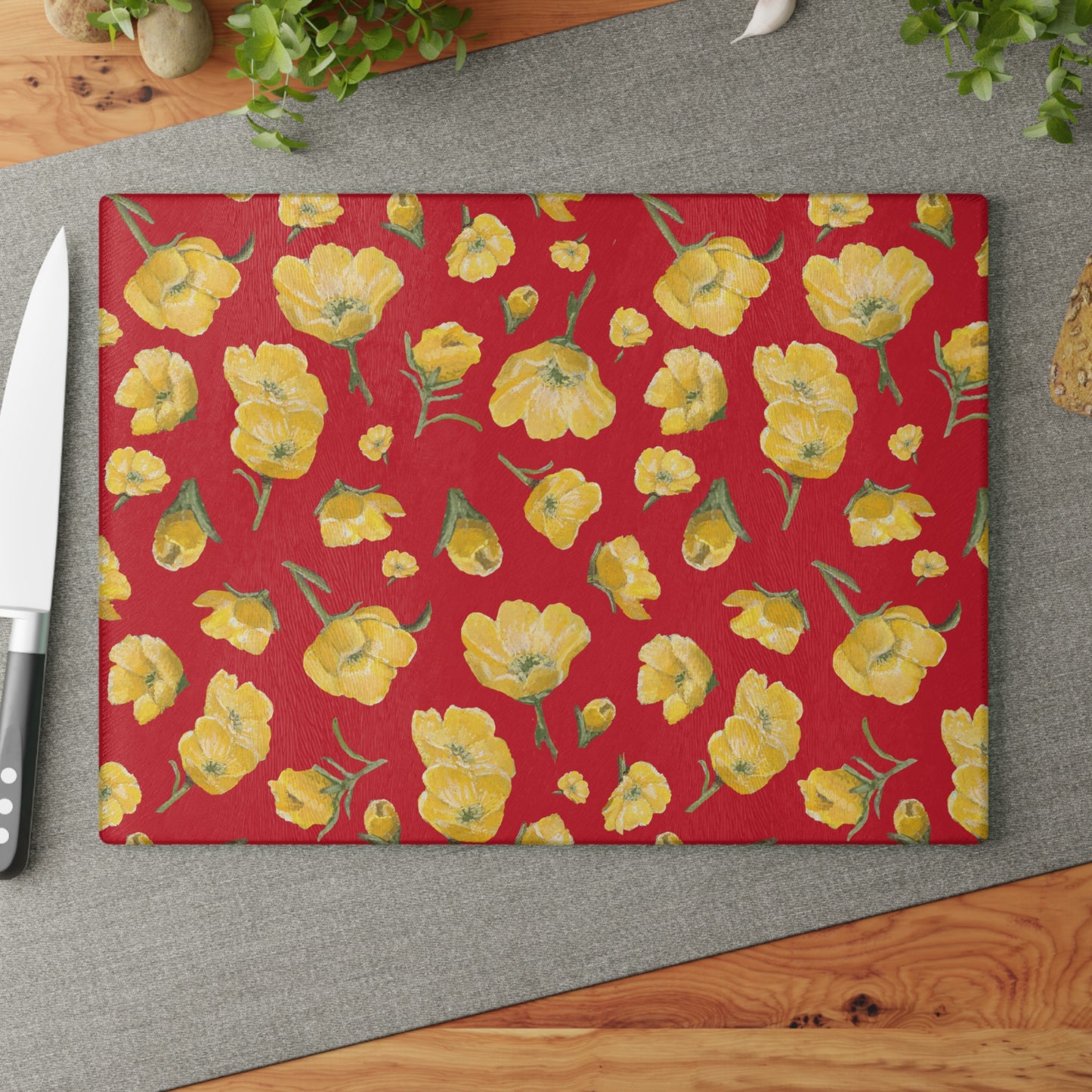 Glass Cutting Board, Kitchen Accessory, Buttercups, Red Background, Oklahoma Wildflower, Yellow Floral