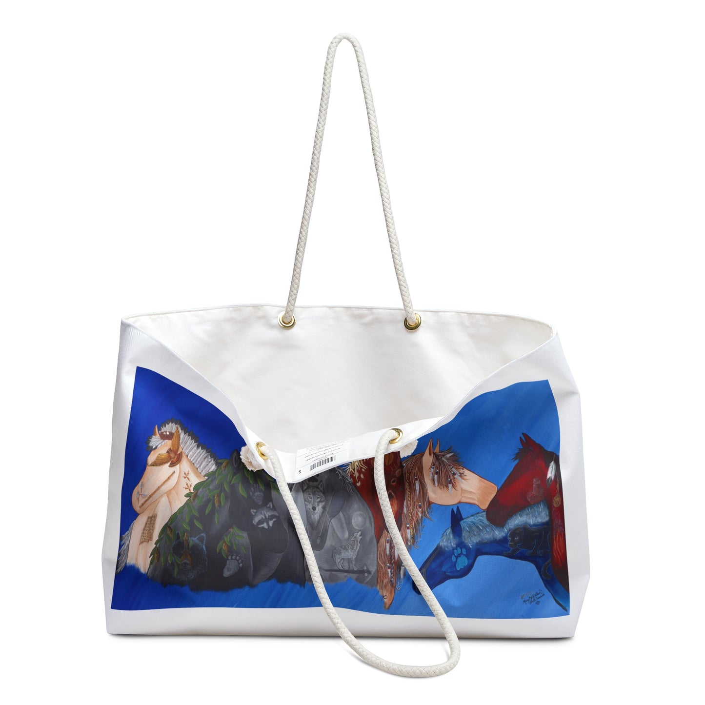 Weekender Tote Bag, Cherokee Seven Clans, Native American art with horses, "Galiquogi" or "Seven"