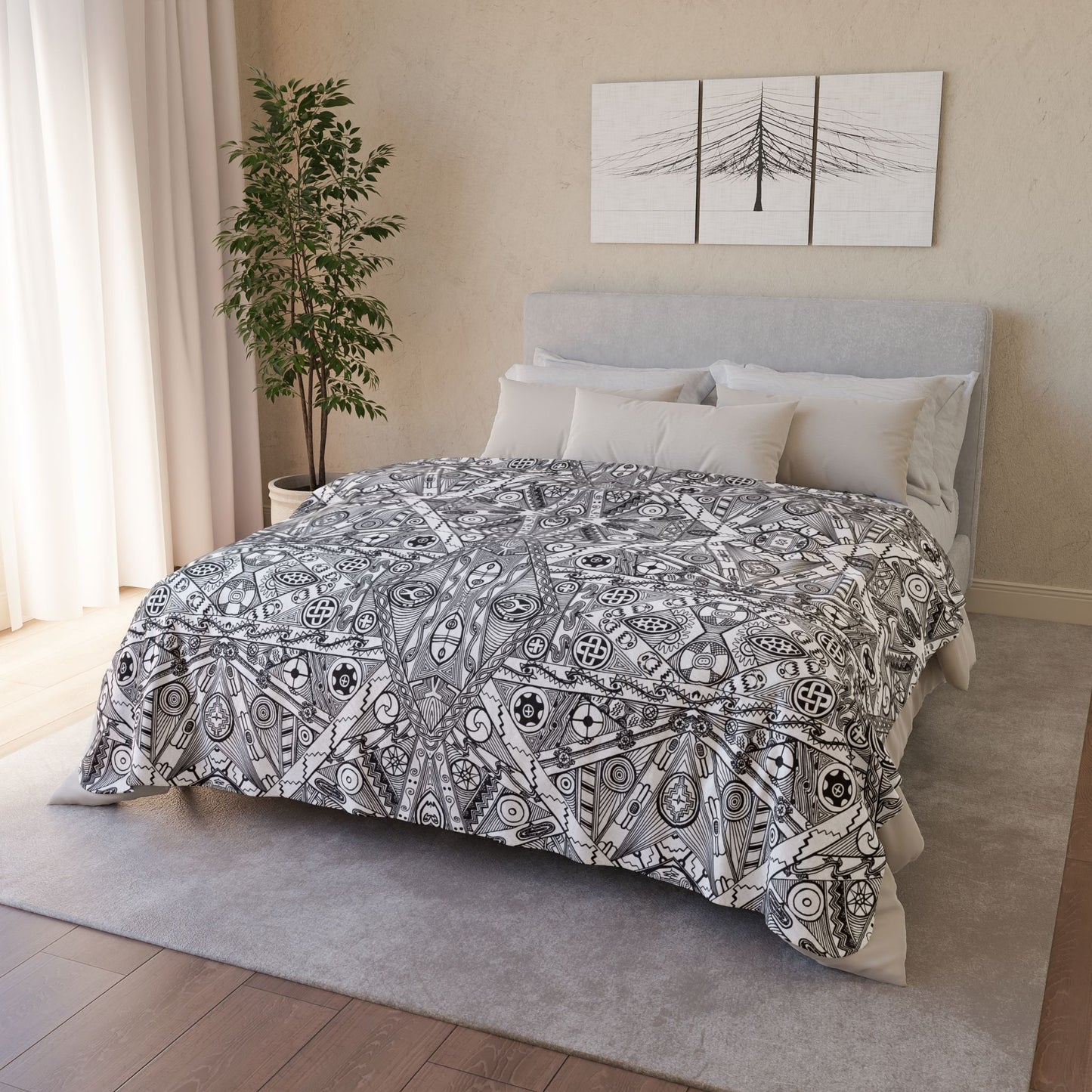 Fleece Sherpa Blanket, Black and White Tribal Motif, SouthEast Native American Mound Symbols, Indigenous art