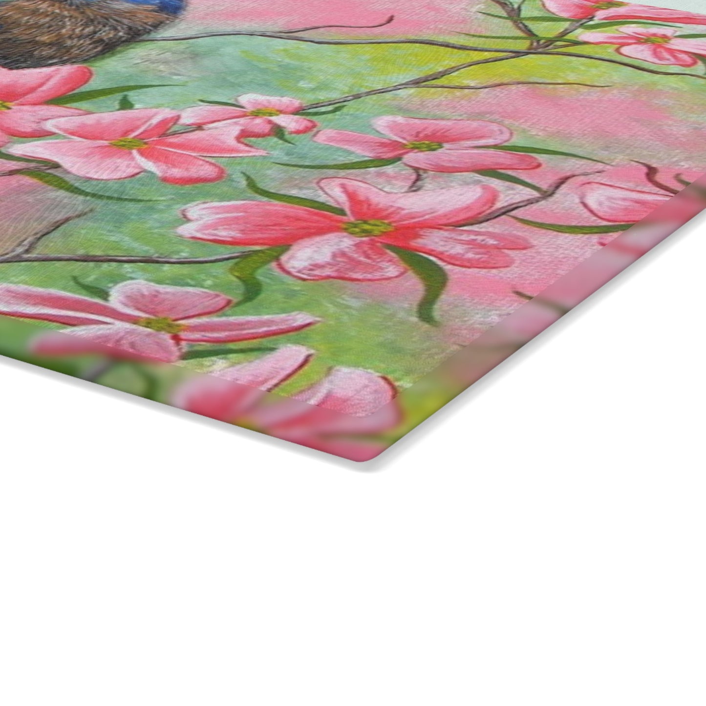 Glass Cutting Board, Kitchen Accessory, Eastern Bluebird on Pink Dogwood