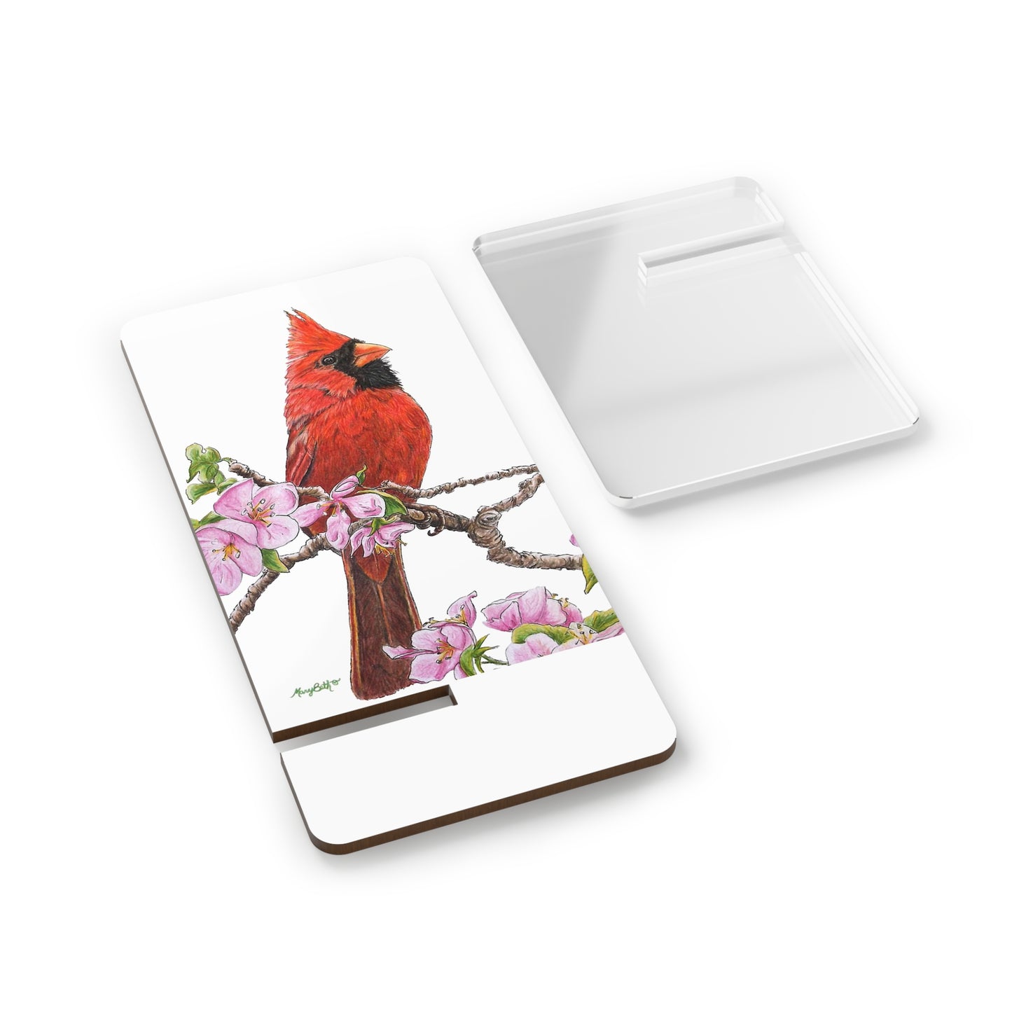 Mobile Display Stand for Smartphones, Northern Cardinal on Pink Floral, "Reflections", Spring Cardinal, Wild Bird, Cardinal Art