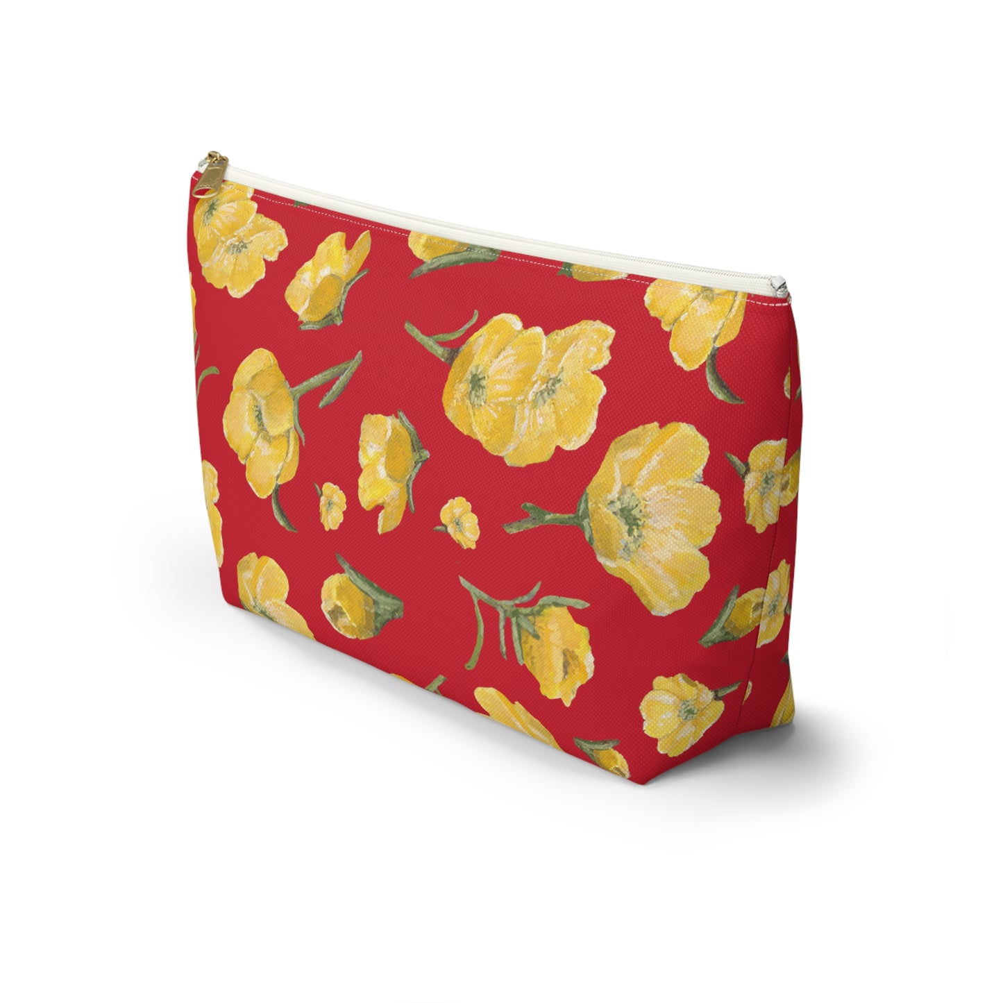 Accessory Pouch w T-bottom, Buttercups, Red Background, Oklahoma Wildflower, Yellow Floral