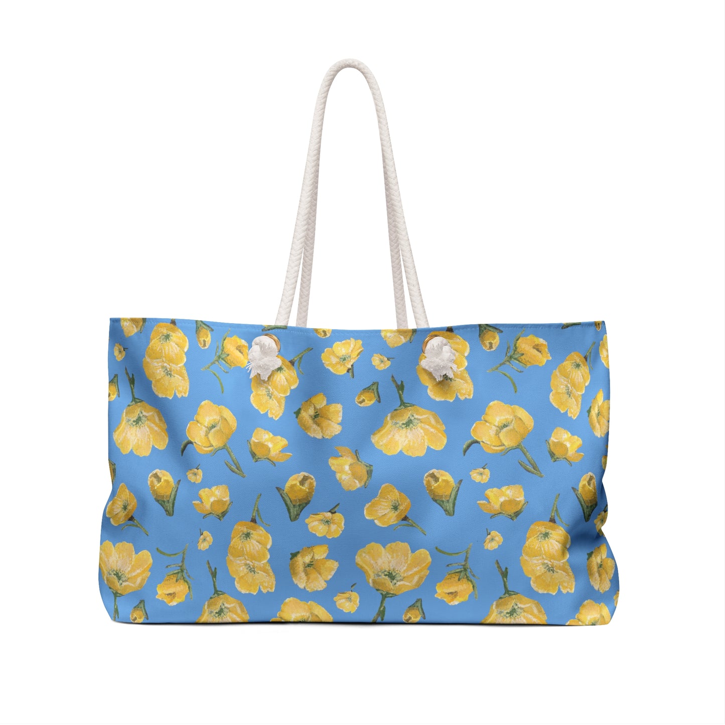 Weekender Bag, Buttercups, Light Blue Background, Oklahoma Wildflower, Yellow Floral