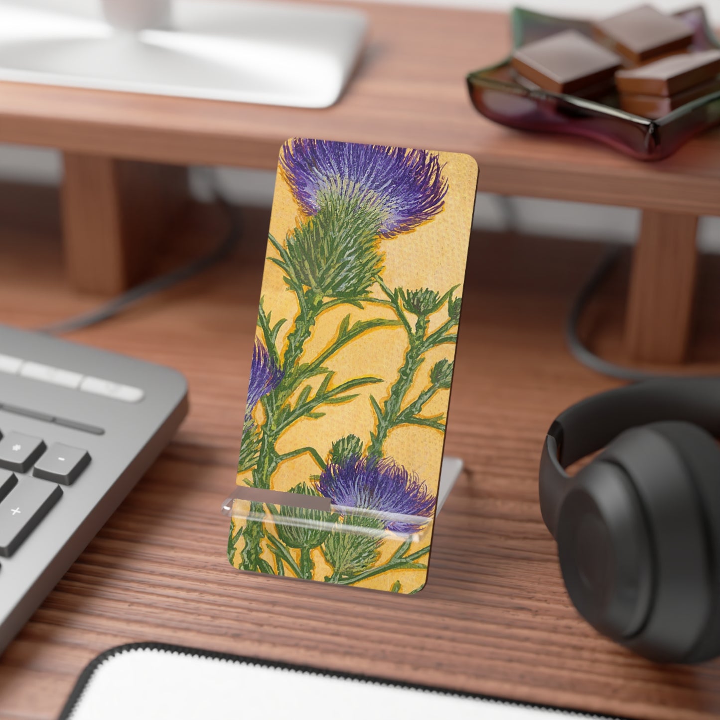 Mobile Display Stand for Smartphones, Purple Thistle, Oklahoma Wildflower, Wild Flower Art, Cell Phone Holder