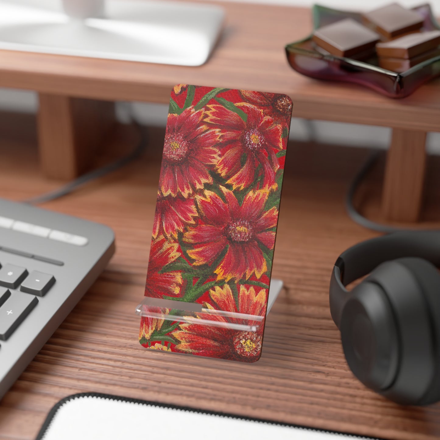 Mobile Display Stand for Smartphones, Indian Blanket, Oklahoma State Wildflower, Red Floral, Floral Art, Cell Phone Stand
