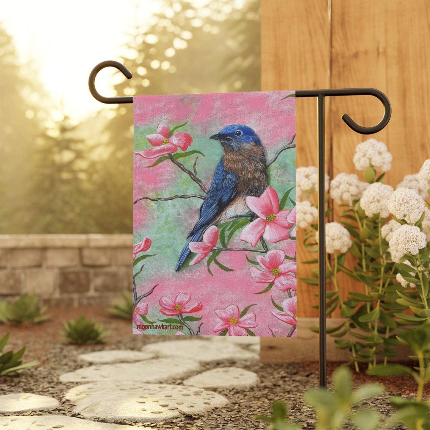 Garden & House Banner with Eastern Bluebird on Pink Dogwood