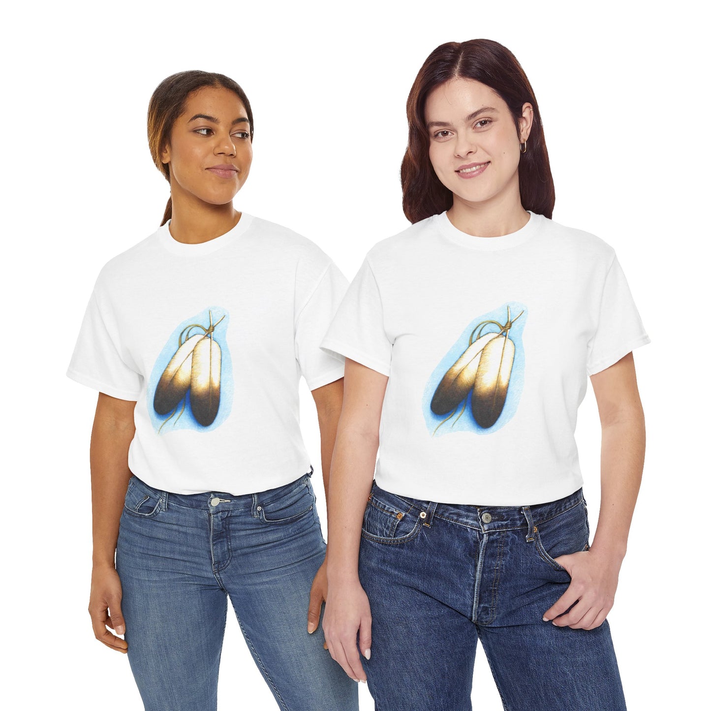 Artistic Unisex Heavy Cotton Tee, Double Feather, Native Feathers, Two Feathers T-Shirt