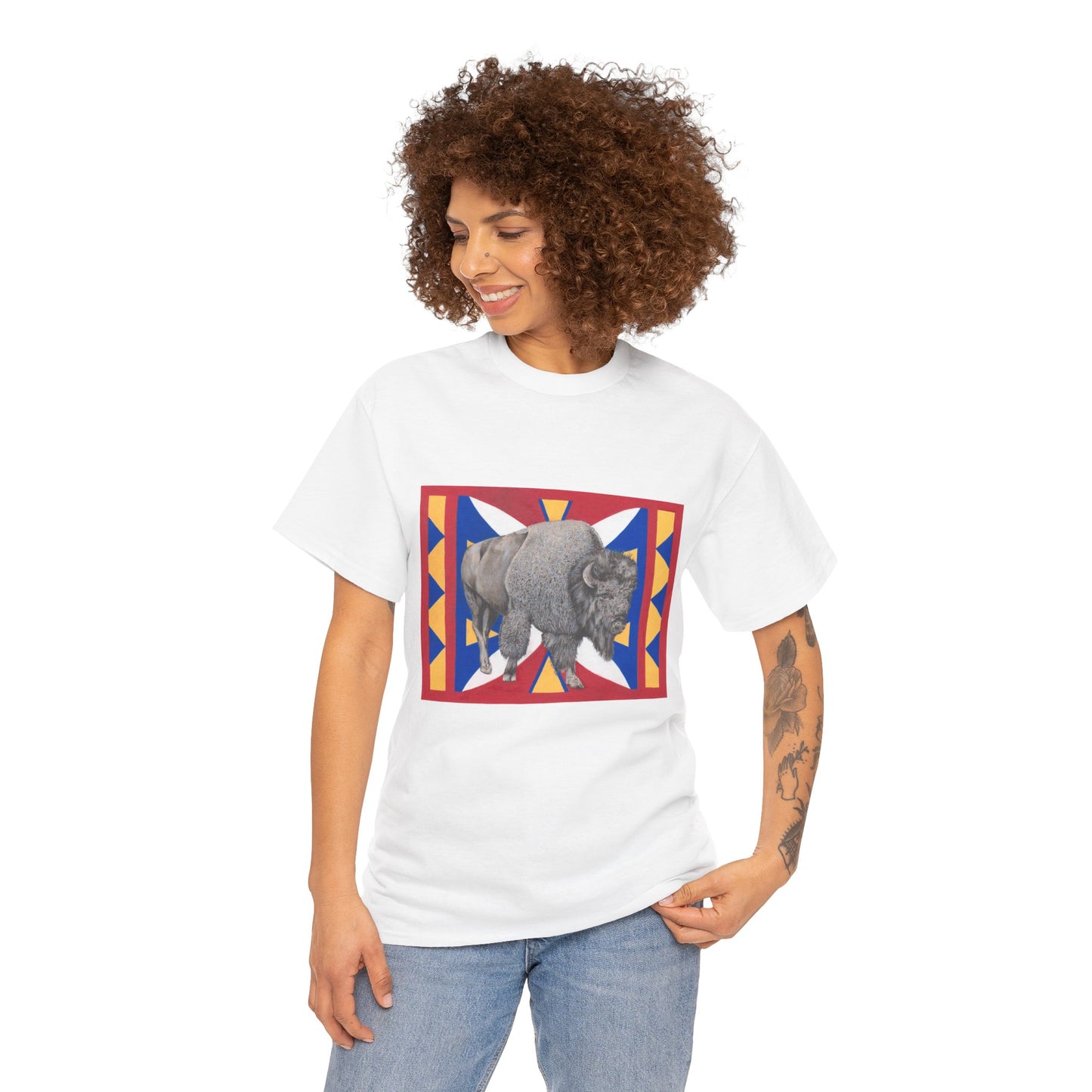 Unisex Heavy Cotton Tee, Native American Buffalo, Wildlife Graphic Tee for Nature Lovers
