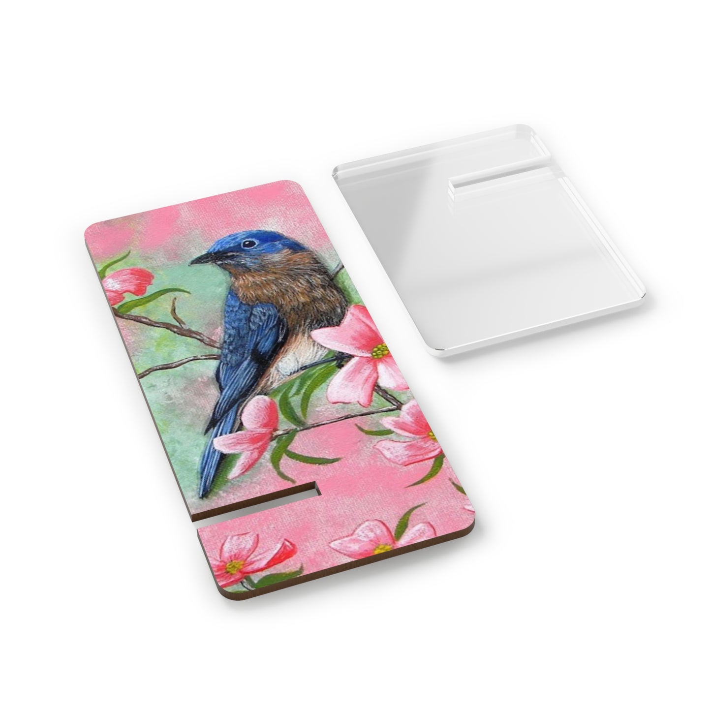 Mobile Display Stand for Smartphones, Eastern Bluebird on Pink Dogwood, "Pretty in Pink", Song Bird, Wild Bird, Bird Art