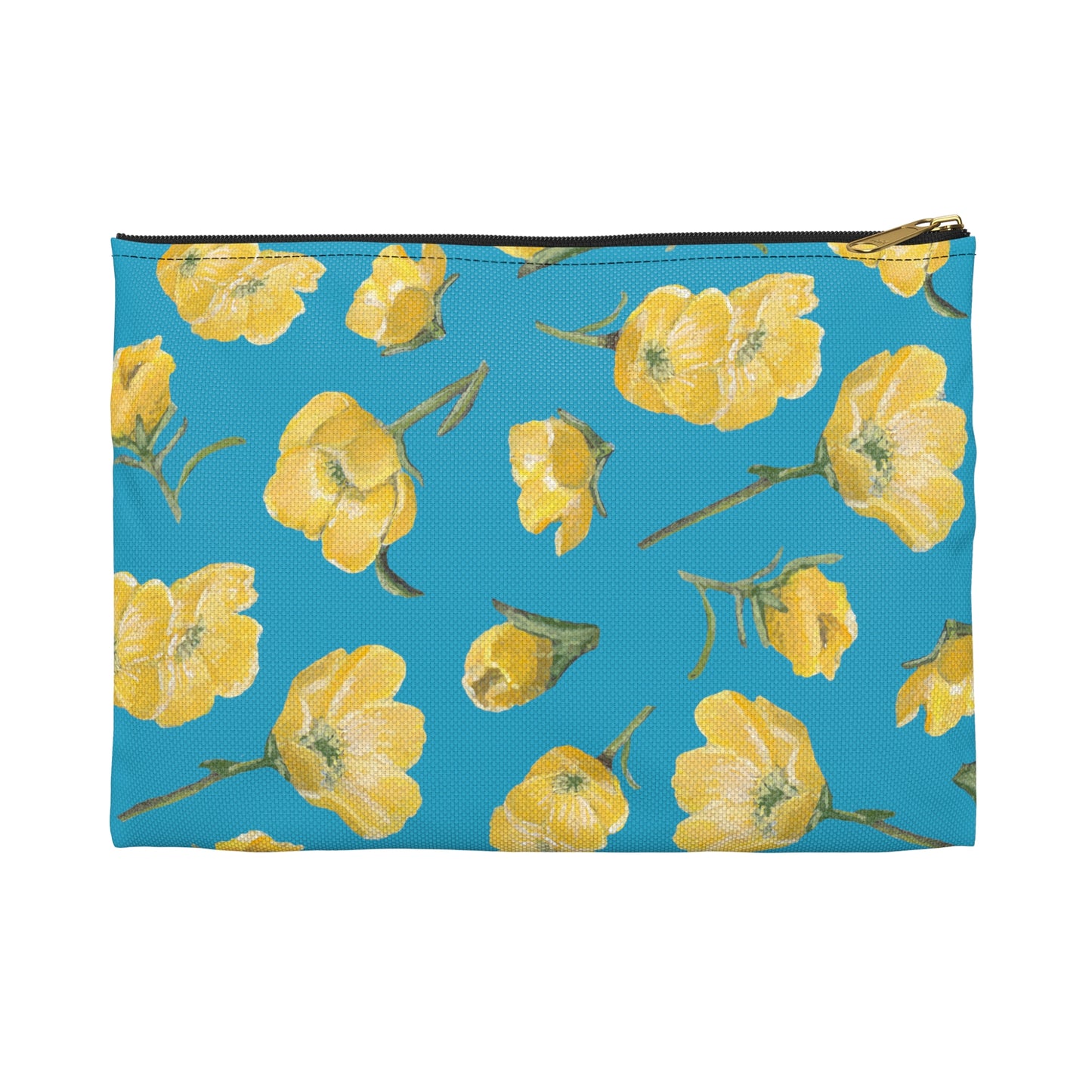 Accessory Pouch, Buttercups, Turquoise Colored Background, Oklahoma Wildflower, Yellow Floral