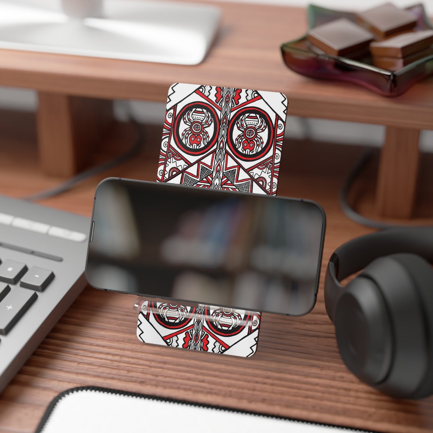 Mobile Display Stand for Smartphones, SouthEast Spider Motif, Grandmother Spider, Native Design, Ancient Tribal Mound Symbols