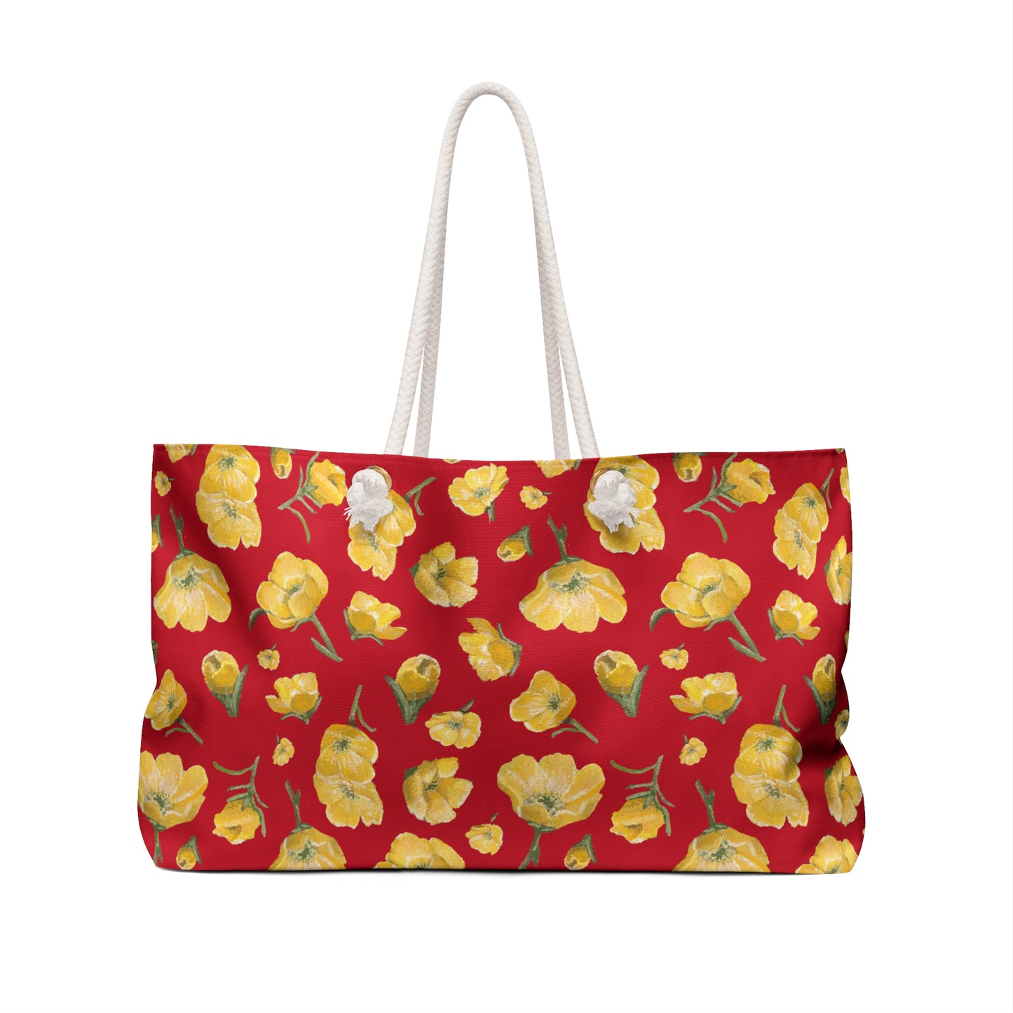 Weekender Bag, Buttercups, Red Background, Oklahoma Wildflower, Yellow Floral