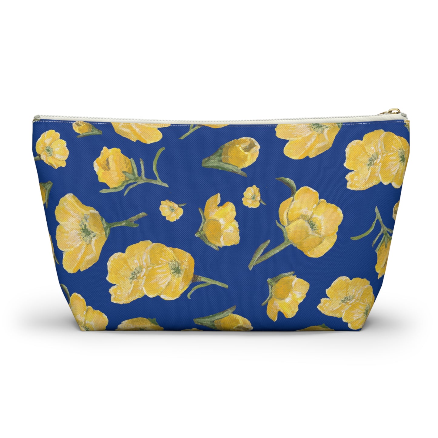 Accessory Pouch w T-bottom, Buttercups, Dark Blue Background, Oklahoma Wildflower, Yellow Floral