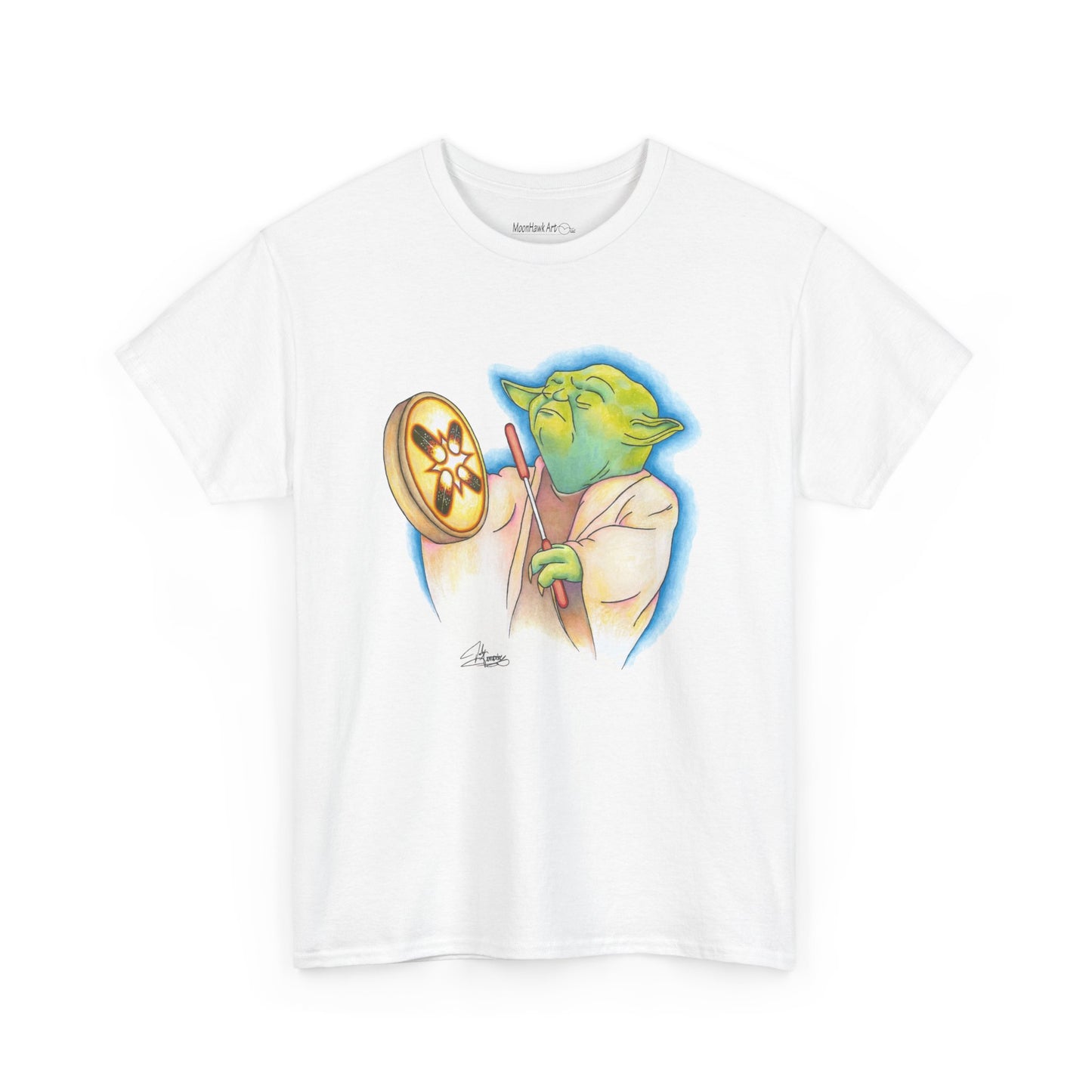 Unisex Heavy Cotton Tee, Native Alien With Hand Drum, Song From Long Ago, Native American Pop Art, Indigenous Humor