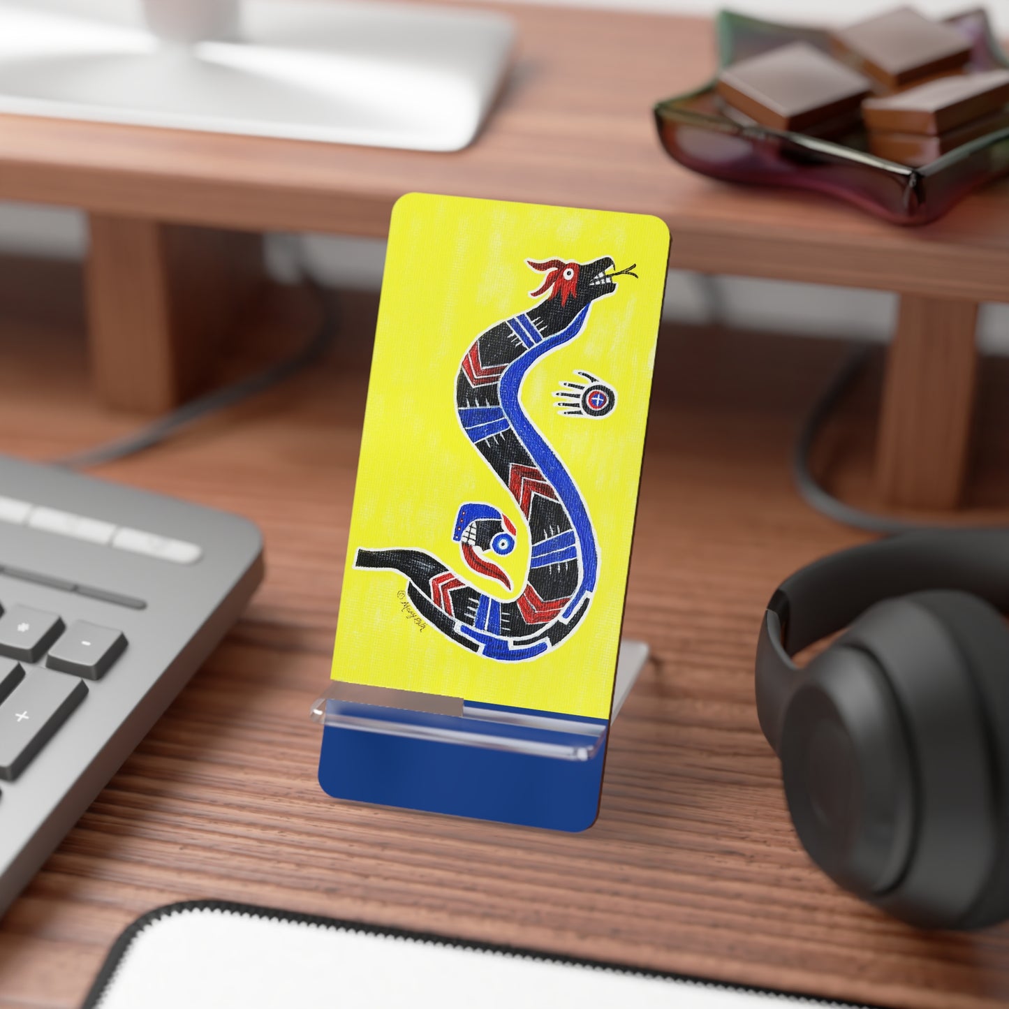 Mobile Display Stand for Smartphones, Spiro Serpent, Native Design, Ancient Mound Symbols, Cell Phone Stand