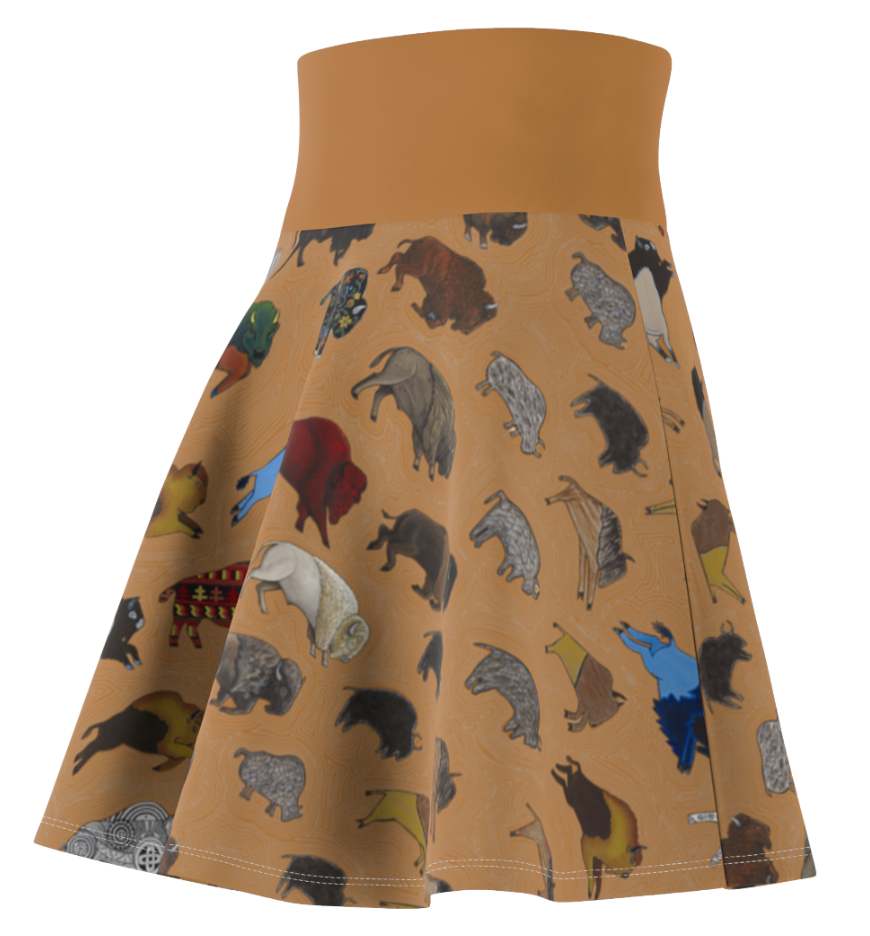 Tan Native Bison Pattern Skater Skirt — Cute Colorful Bison Print AOP