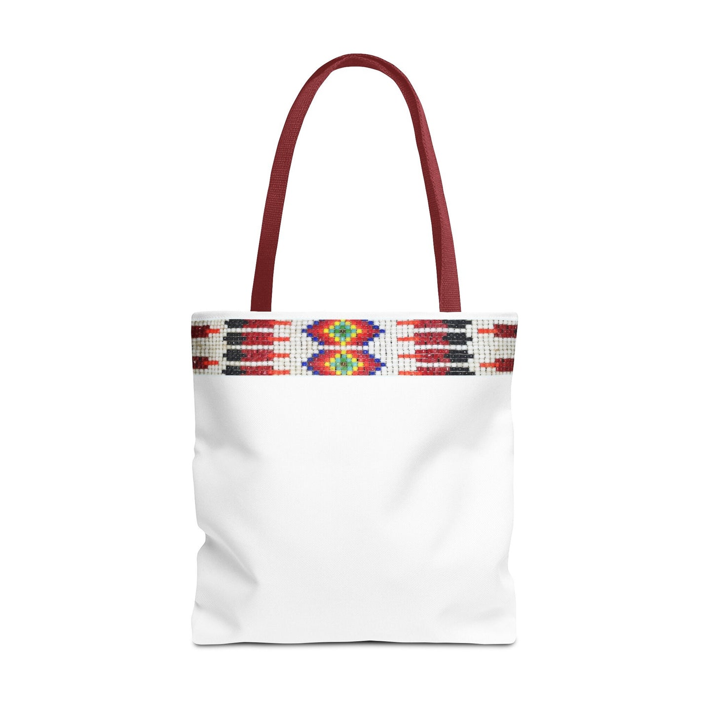 Tote Bag, PRINTED Native American bead design, Red handle, Uncle Buds beadwork inspired
