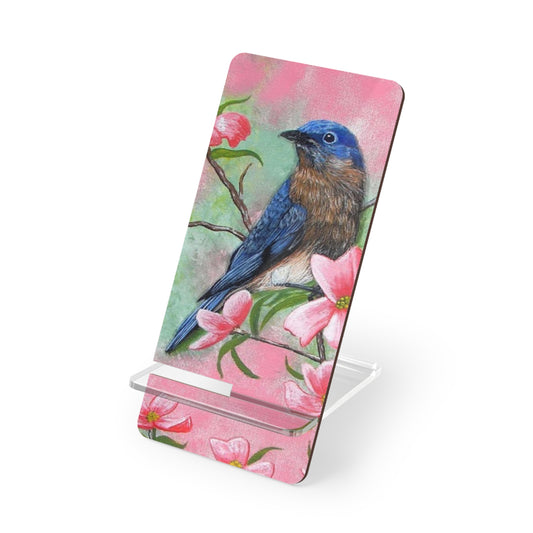 Mobile Display Stand for Smartphones, Eastern Bluebird on Pink Dogwood, "Pretty in Pink", Song Bird, Wild Bird, Bird Art