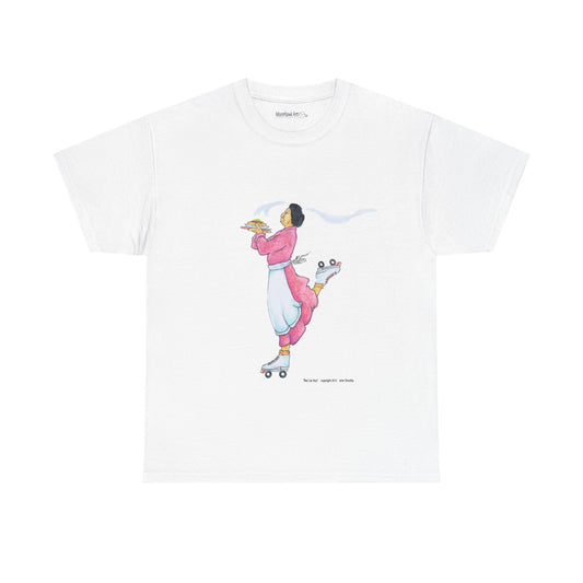 Unisex Heavy Cotton Tee, Rez Car Hop, Native Humor, Woman on Roller Skates, Indian Taco