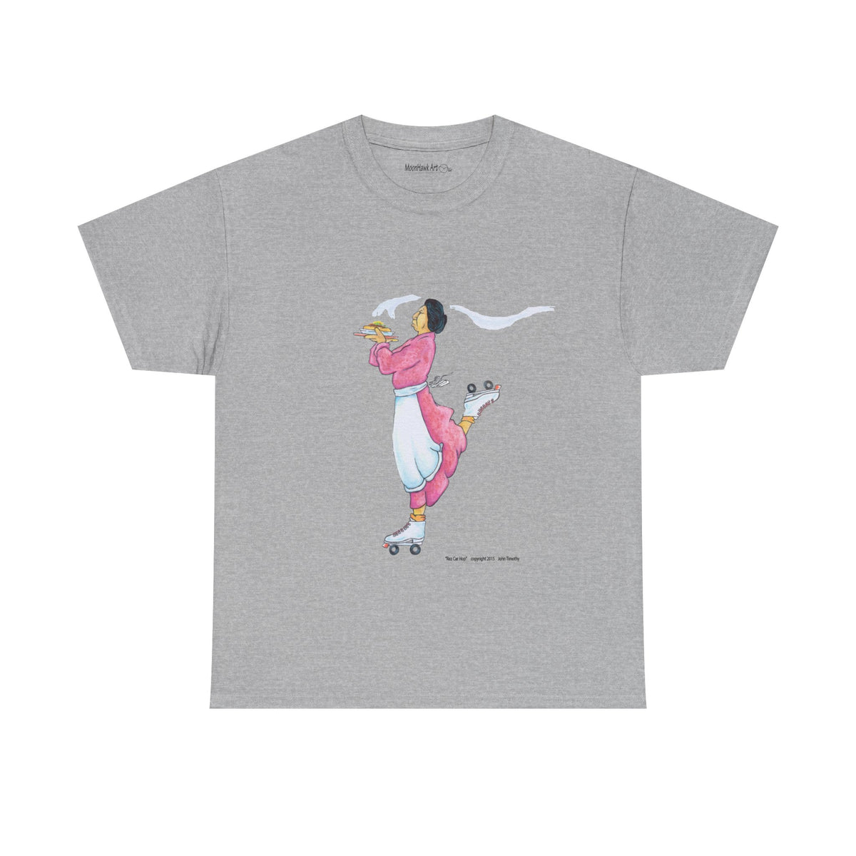 Unisex Heavy Cotton Tee, Rez Car Hop, Native Humor, Woman on Roller Skates, Indian Taco