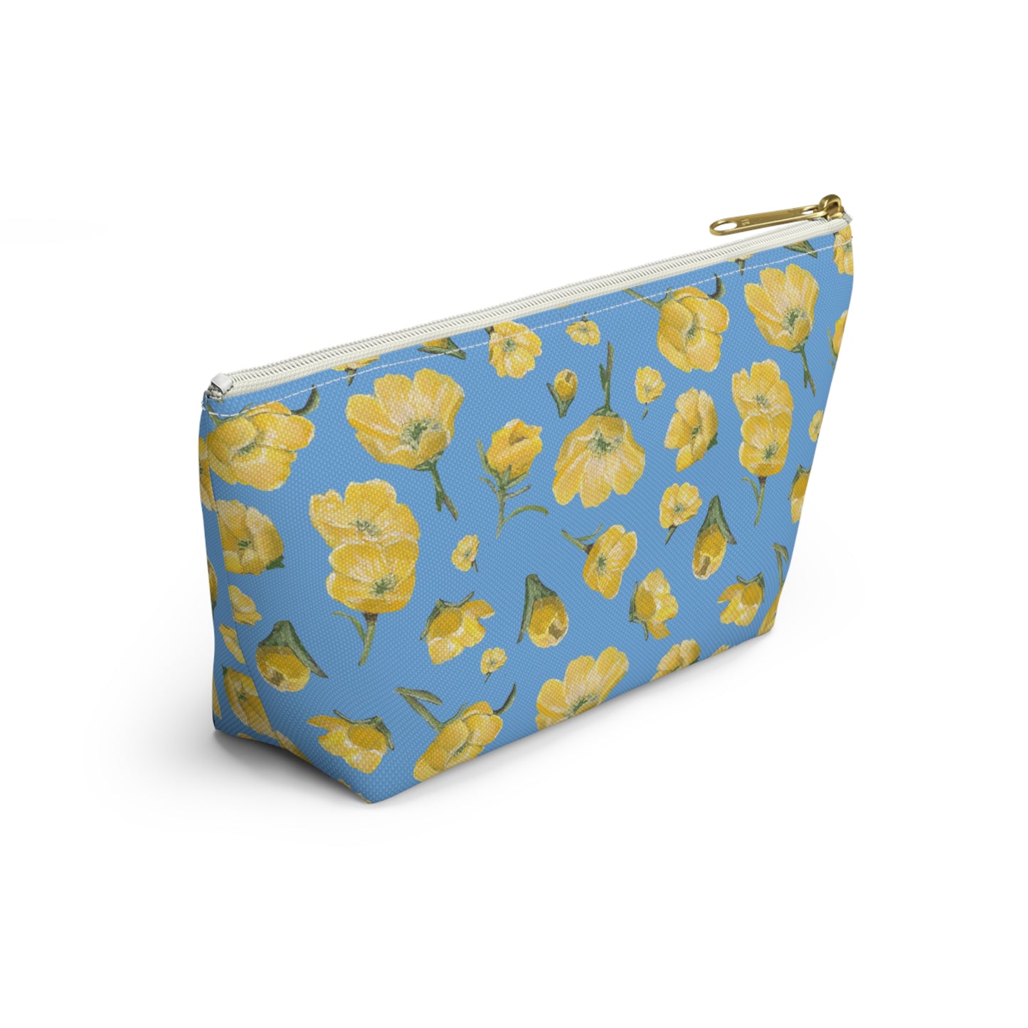 Accessory Pouch w T - bottom -Buttercups, Light Blue & Yellow - Floral Makeup Bag