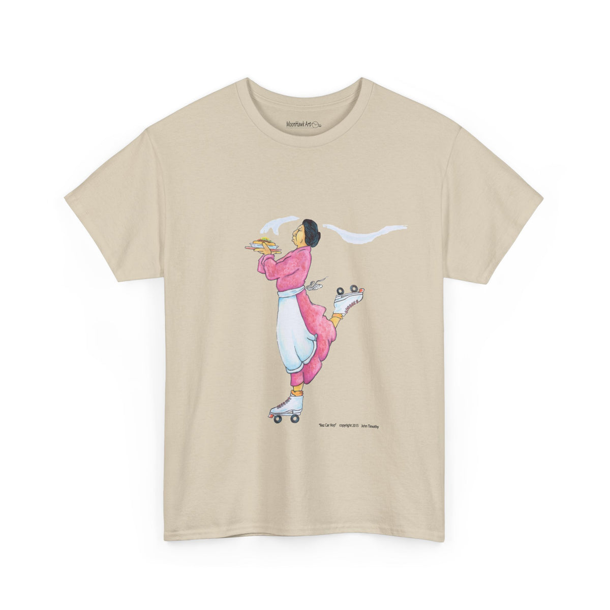 Unisex Heavy Cotton Tee, Rez Car Hop, Native Humor, Woman on Roller Skates, Indian Taco